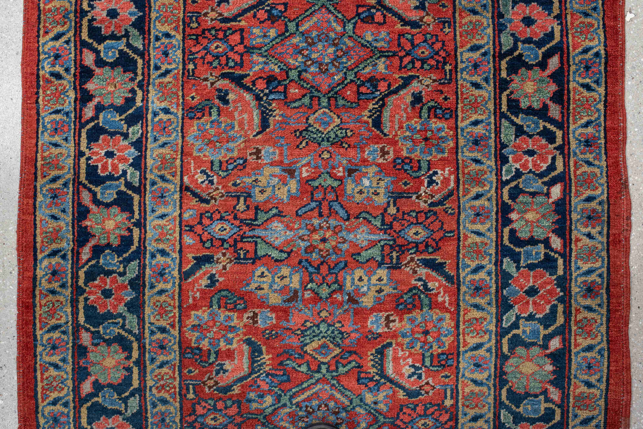 3' x 18' one-of-a-kind handmade vintage Heriz runner rug. Color palette: gray, blue, red, pink, light gray, off-white, brown