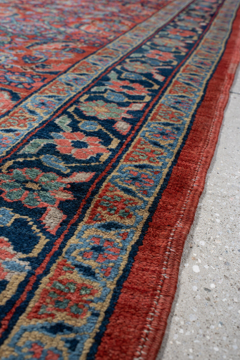 3' x 18' one-of-a-kind handmade vintage Heriz runner rug. Color palette: rust, navy, ivory, sky_blue, coral, camel