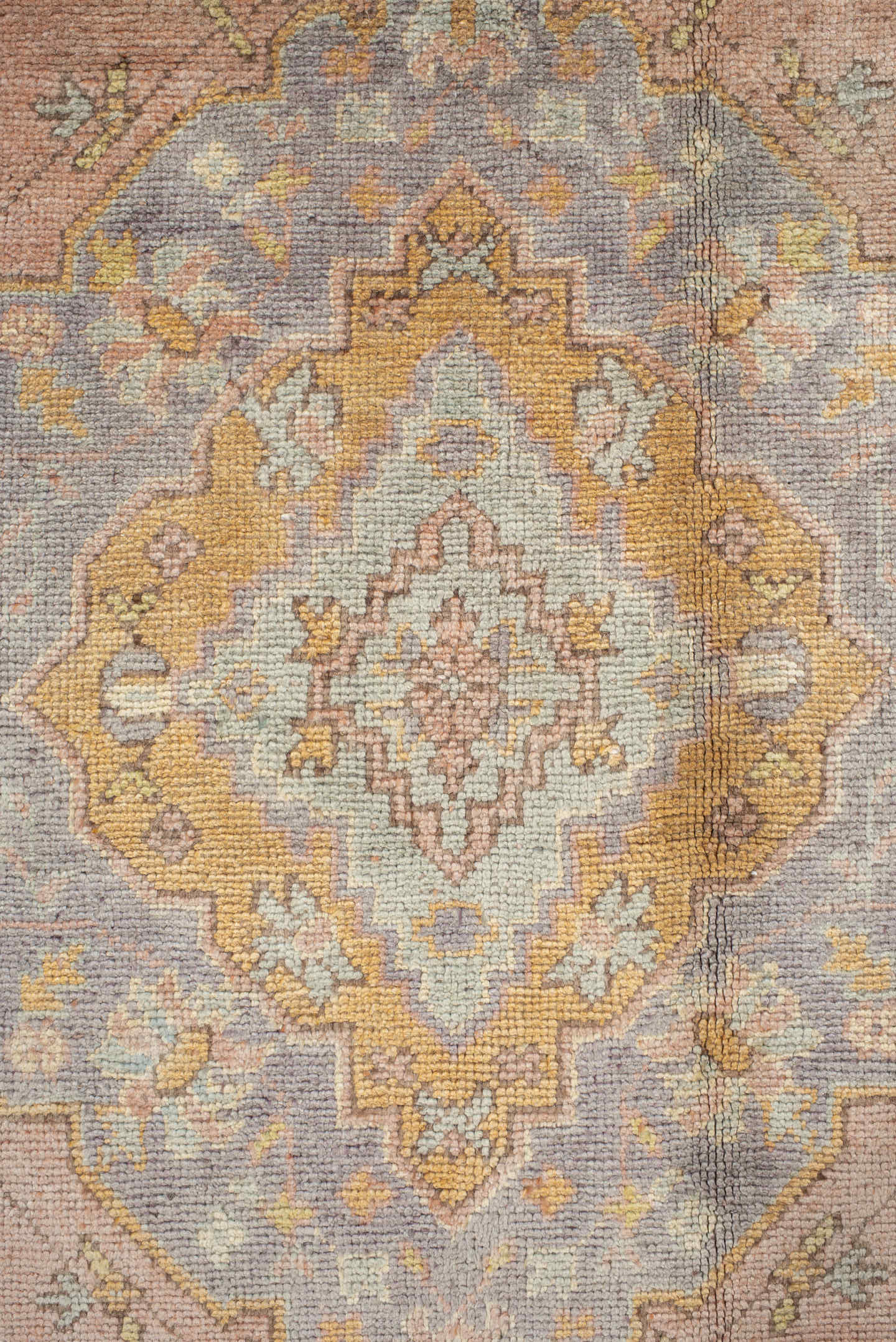 8' x 11' one-of-a-kind handmade antique Oushak large size rug. Color palette: blush, powder blue, gold, ivory, sage, peach