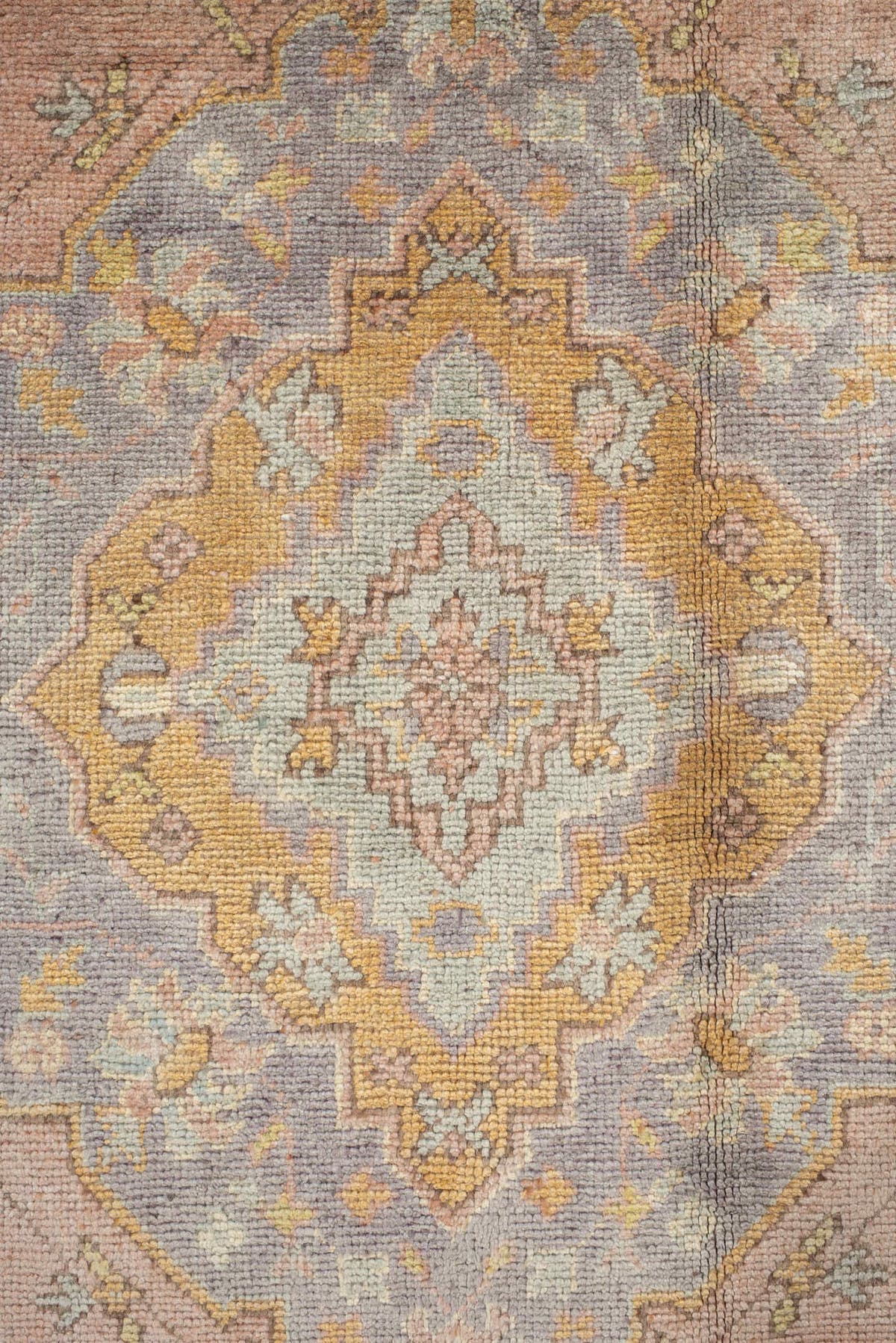 8' x 11' one-of-a-kind handmade antique Oushak large size rug. Color palette: blush, powder blue, gold, ivory, sage, peach