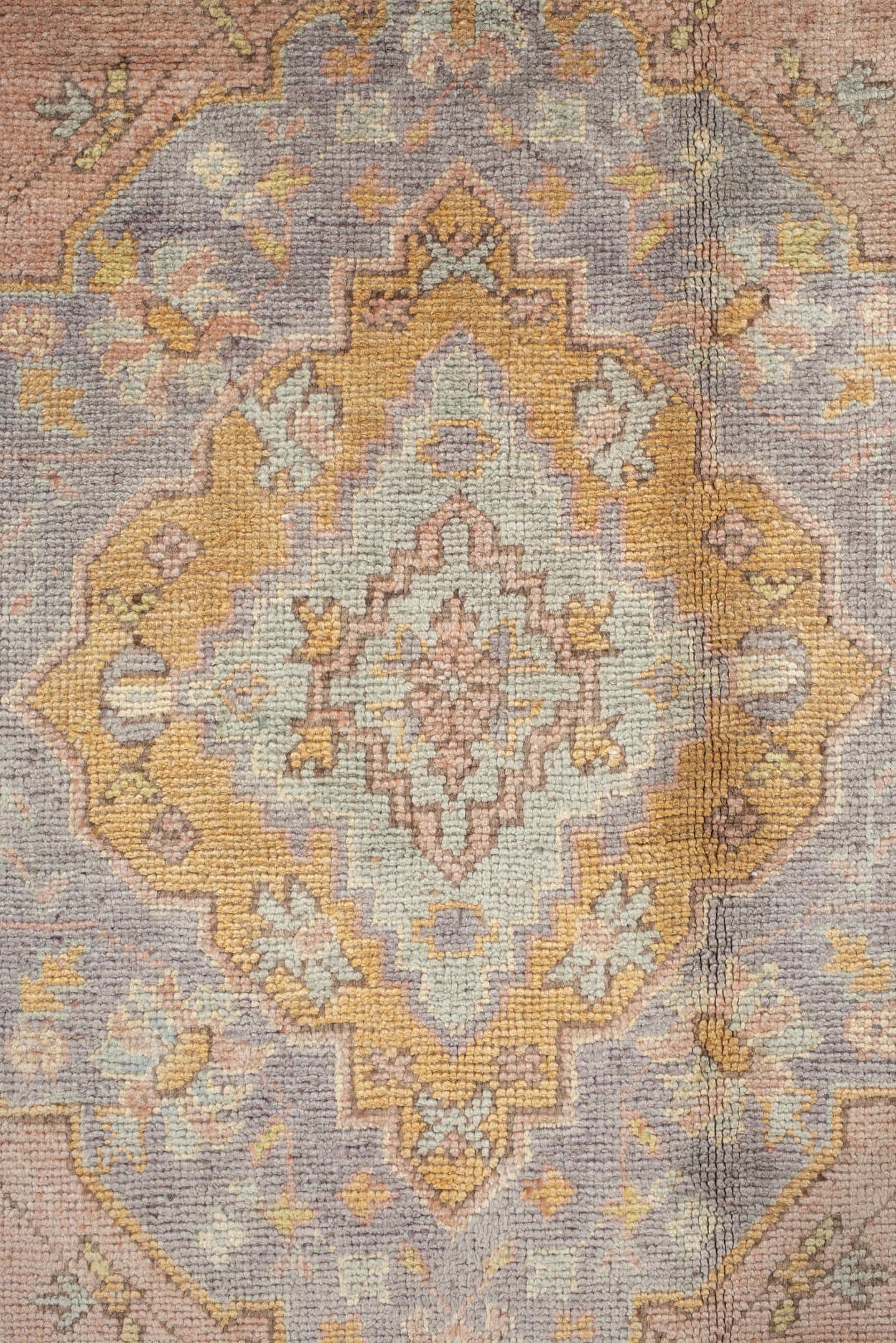 8' x 11' one-of-a-kind handmade antique Oushak large size rug. Color palette: blush, powder blue, gold, ivory, sage, peach