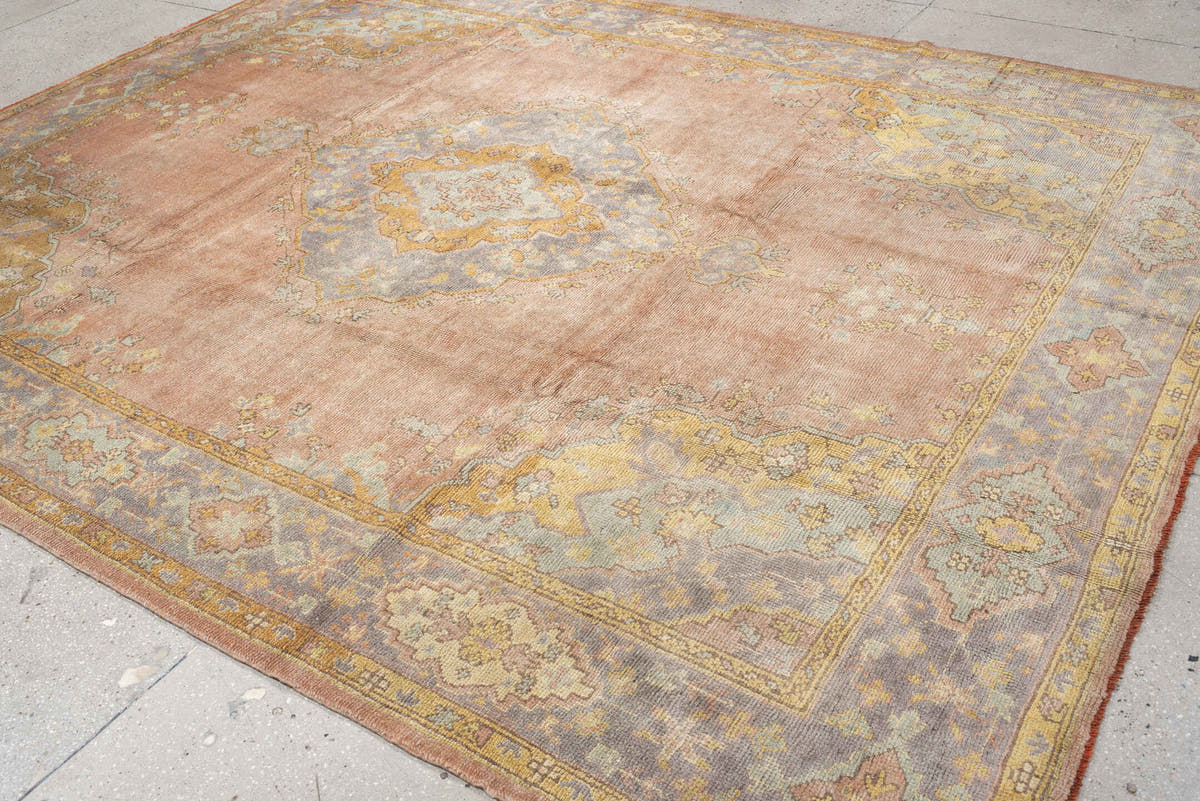 8' x 11' one-of-a-kind handmade antique Oushak large size rug. Color palette: blush, powder blue, gold, ivory, sage, peach