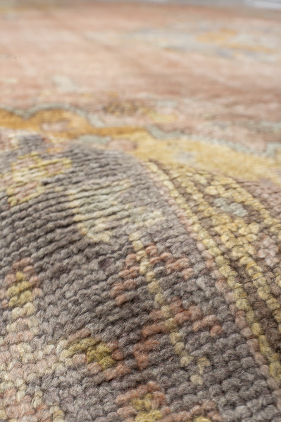 8' x 11' one-of-a-kind handmade antique Oushak large size rug. Color palette: blush, powder blue, gold, ivory, sage, peach