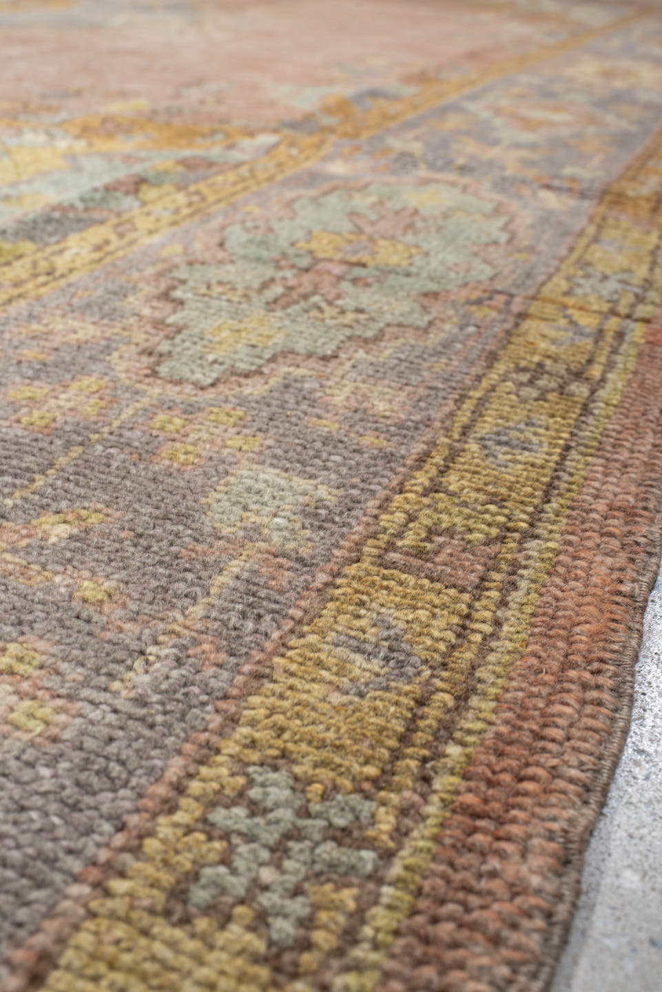 8' x 11' one-of-a-kind handmade antique Oushak large size rug. Color palette: blush, powder blue, gold, ivory, sage, peach