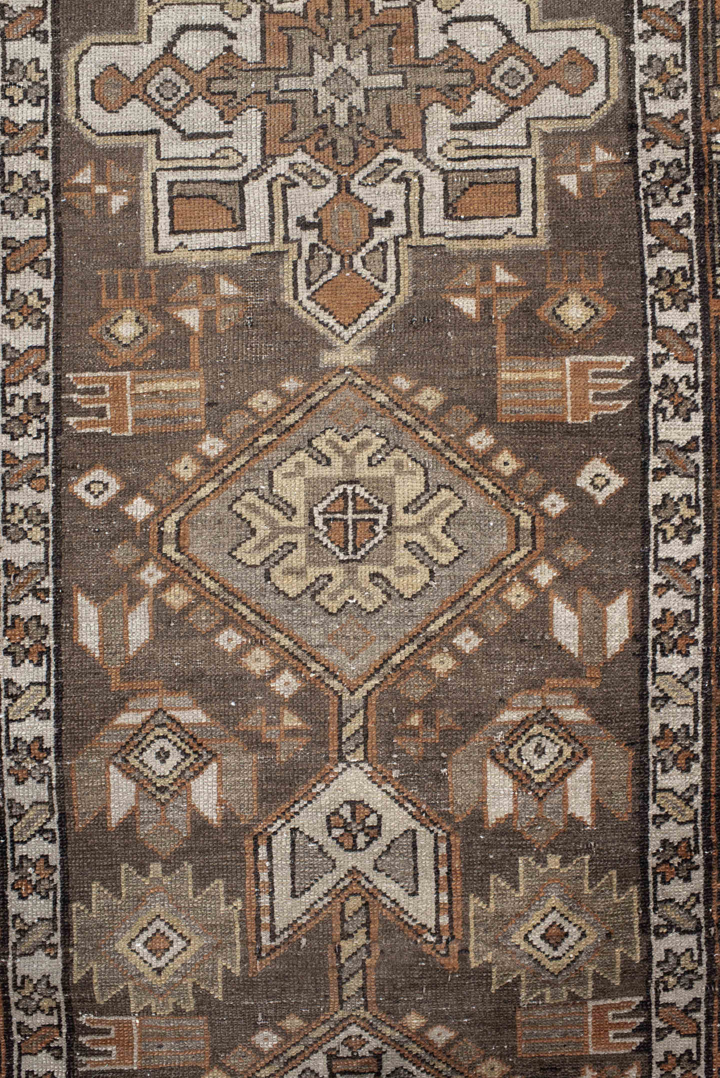 2' x 12' one-of-a-kind handmade vintage Karaje runner rug. Color palette: brown, taupe, rust, ivory, camel, charcoal, beige