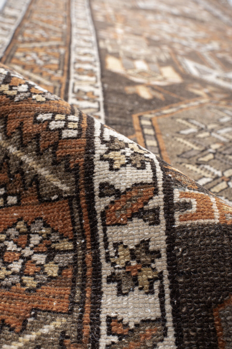 2' x 12' one-of-a-kind handmade vintage Karaje runner rug. Color palette: brown, taupe, rust, ivory, camel, charcoal, beige