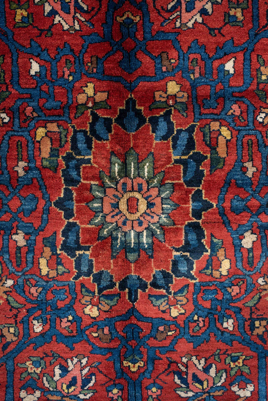 14' x 16' one-of-a-kind handmade vintage Baktiary oversize rug. Color palette: ivory, rust, navy, terracotta, indigo, rose