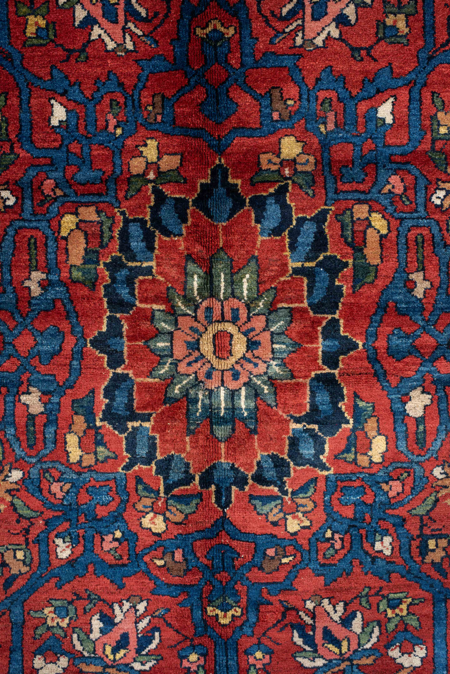 14' x 16' one-of-a-kind handmade vintage Baktiary oversize rug. Color palette: ivory, rust, navy, terracotta, indigo, rose