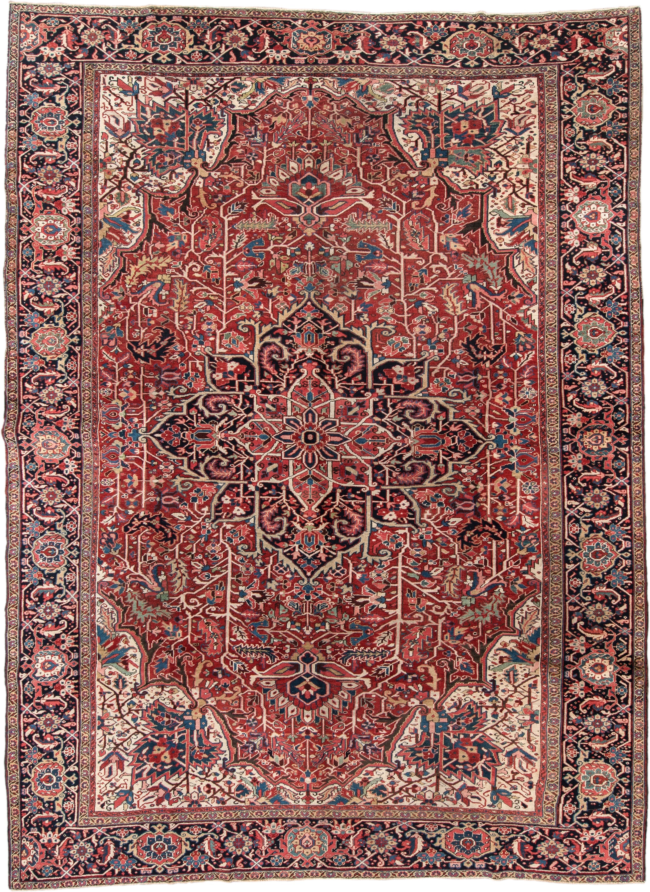 11' x 15' one-of-a-kind handmade vintage Heriz oversize rug. Color palette: rust, ivory, navy, sky_blue, rose, teal