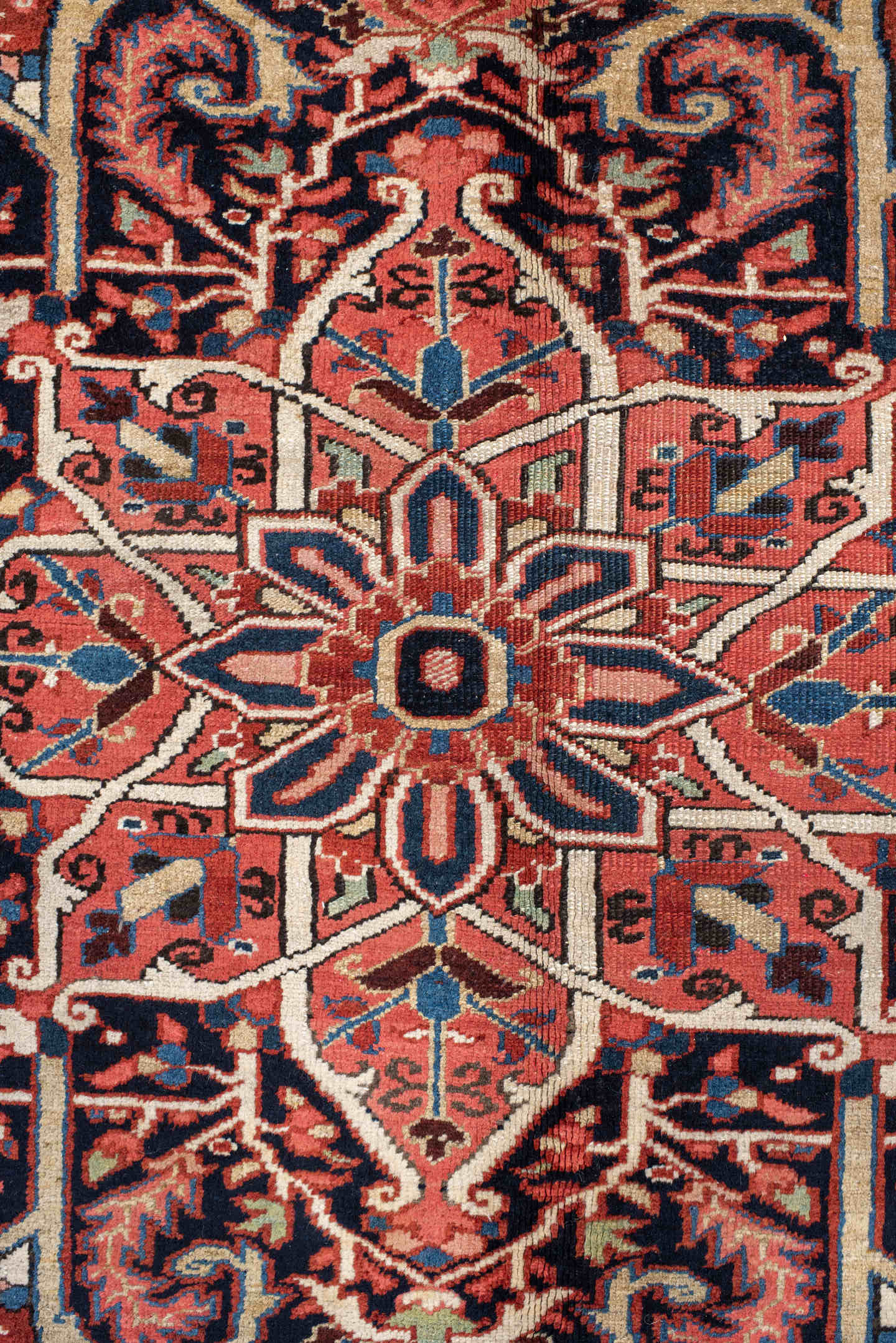 11' x 15' one-of-a-kind handmade vintage Heriz oversize rug. Color palette: rust, ivory, navy, sky_blue, rose, teal