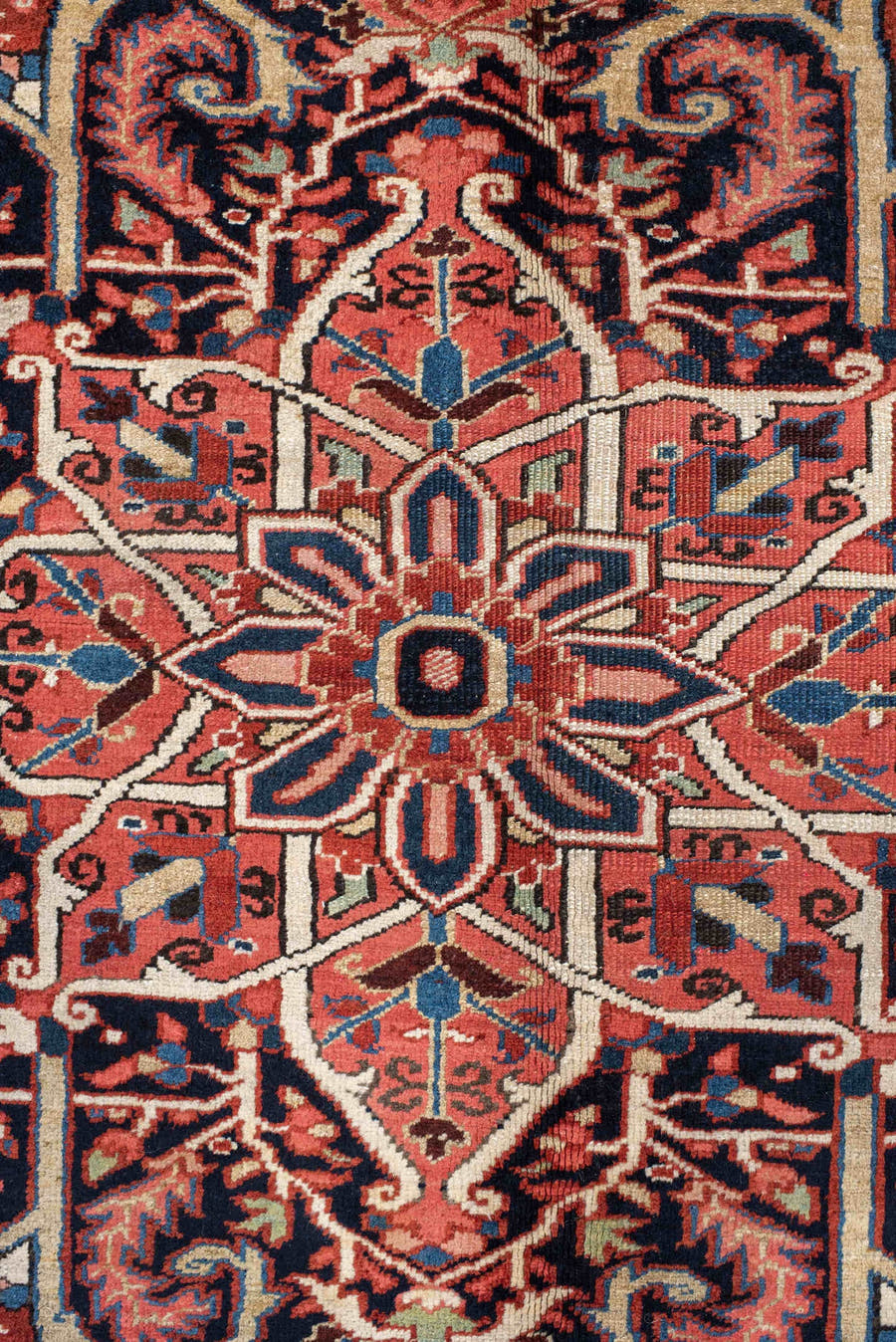 11' x 15' one-of-a-kind handmade vintage Heriz oversize rug. Color palette: rust, ivory, navy, sky_blue, rose, teal