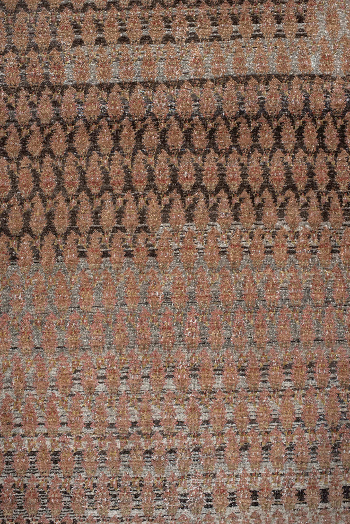 7' x 19' one-of-a-kind handmade antique Saraband rug. Color palette: taupe, rose, brown, ivory, rust, charcoal, beige, gray