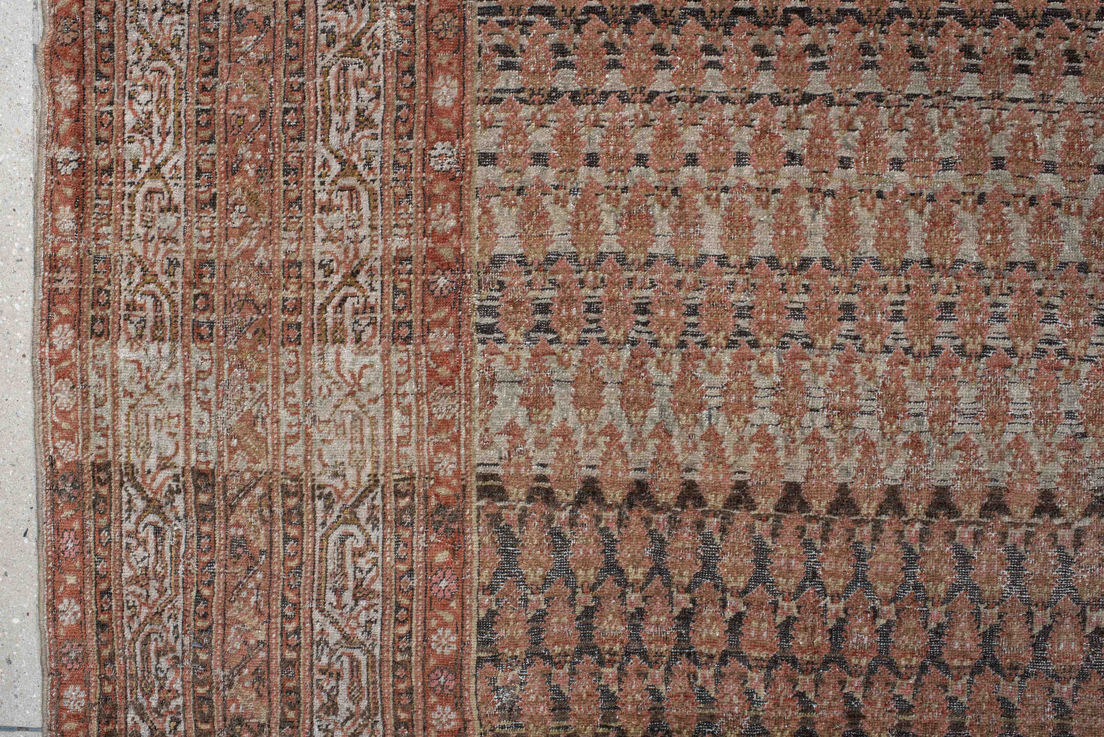7' x 19' one-of-a-kind handmade antique Saraband rug. Color palette: taupe, rose, brown, ivory, rust, charcoal, beige, gray