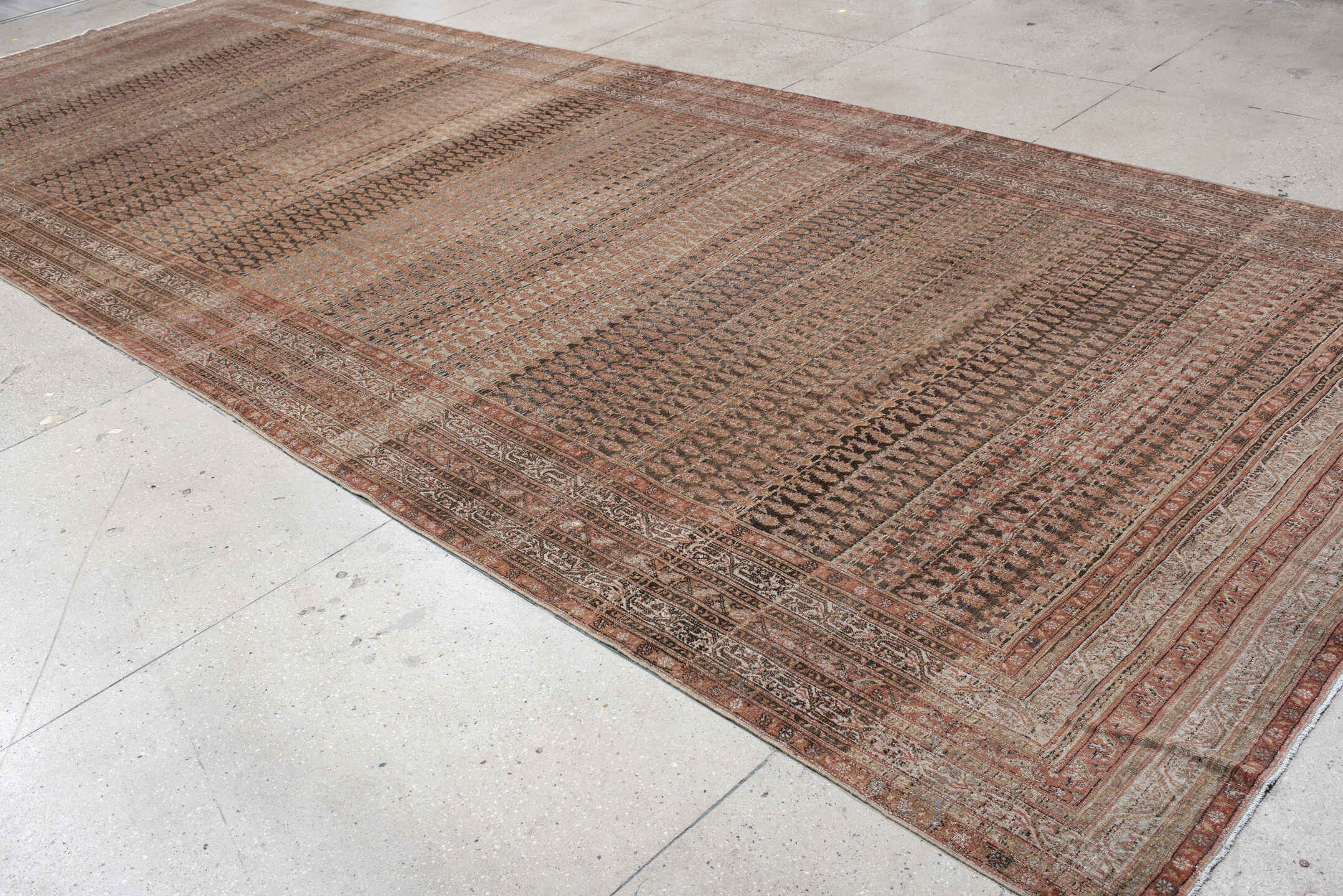7' x 19' one-of-a-kind handmade antique Saraband rug. Color palette: taupe, rose, brown, ivory, rust, charcoal, beige, gray