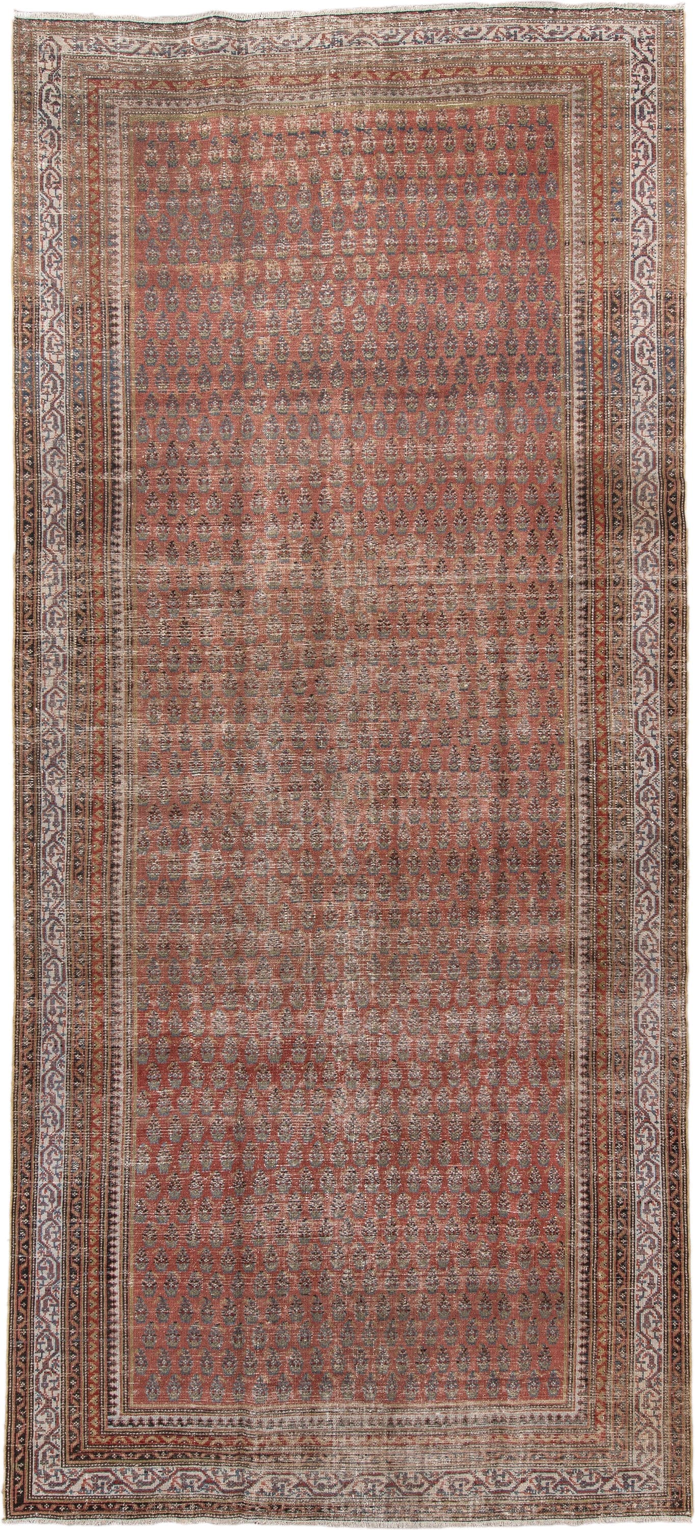 5' x 12' one-of-a-kind handmade antique Malayer rug. Color palette: rust, ivory, slate, taupe, terra cotta, charcoal, brown