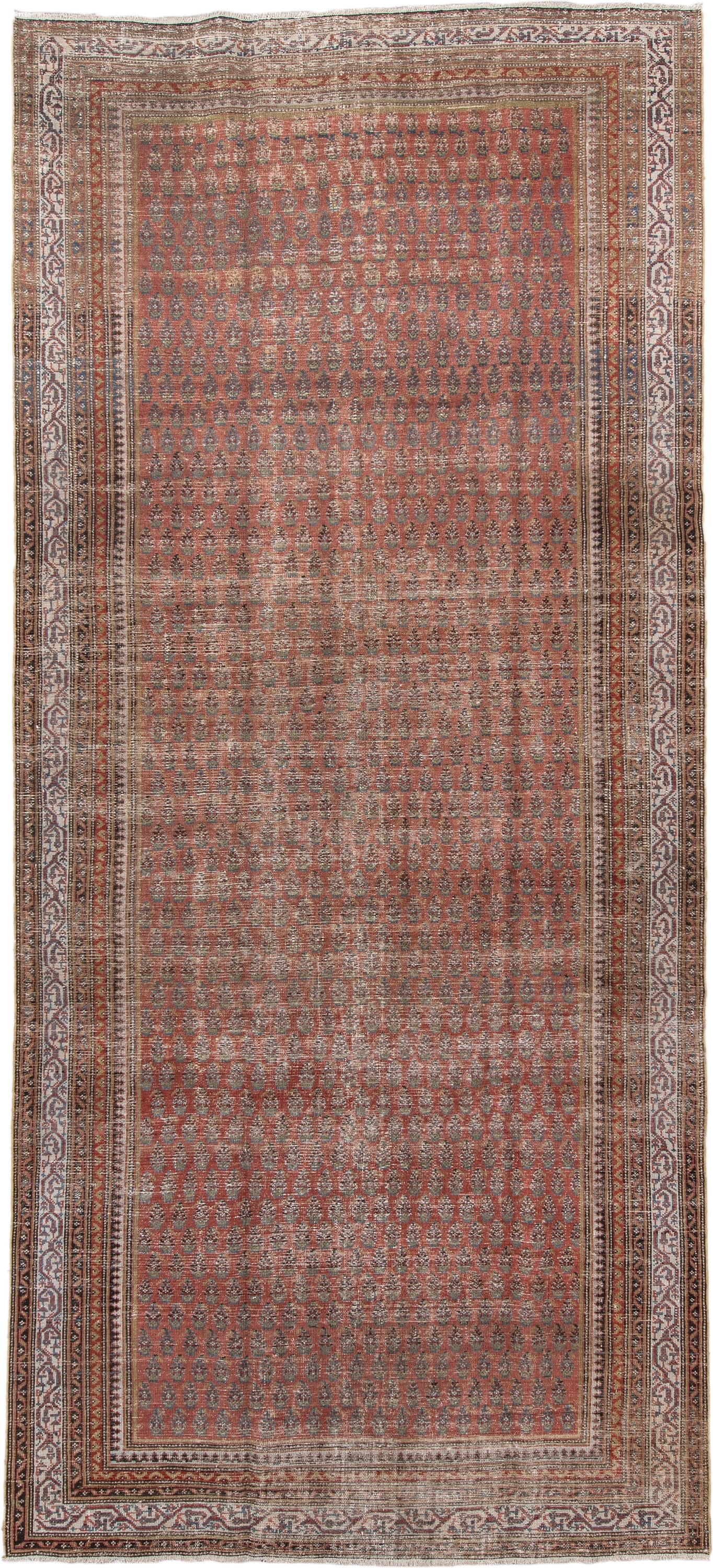 5' x 12' one-of-a-kind handmade antique Malayer rug. Color palette: rust, ivory, slate, taupe, terra cotta, charcoal, brown