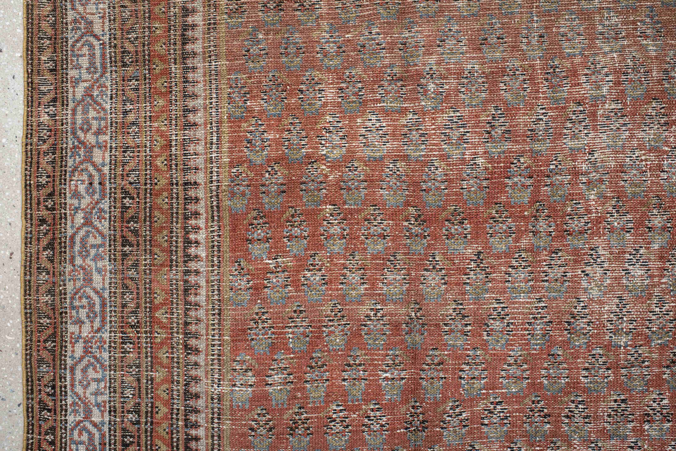 5' x 12' one-of-a-kind handmade antique Malayer rug. Color palette: rust, ivory, slate, taupe, terra cotta, charcoal, brown