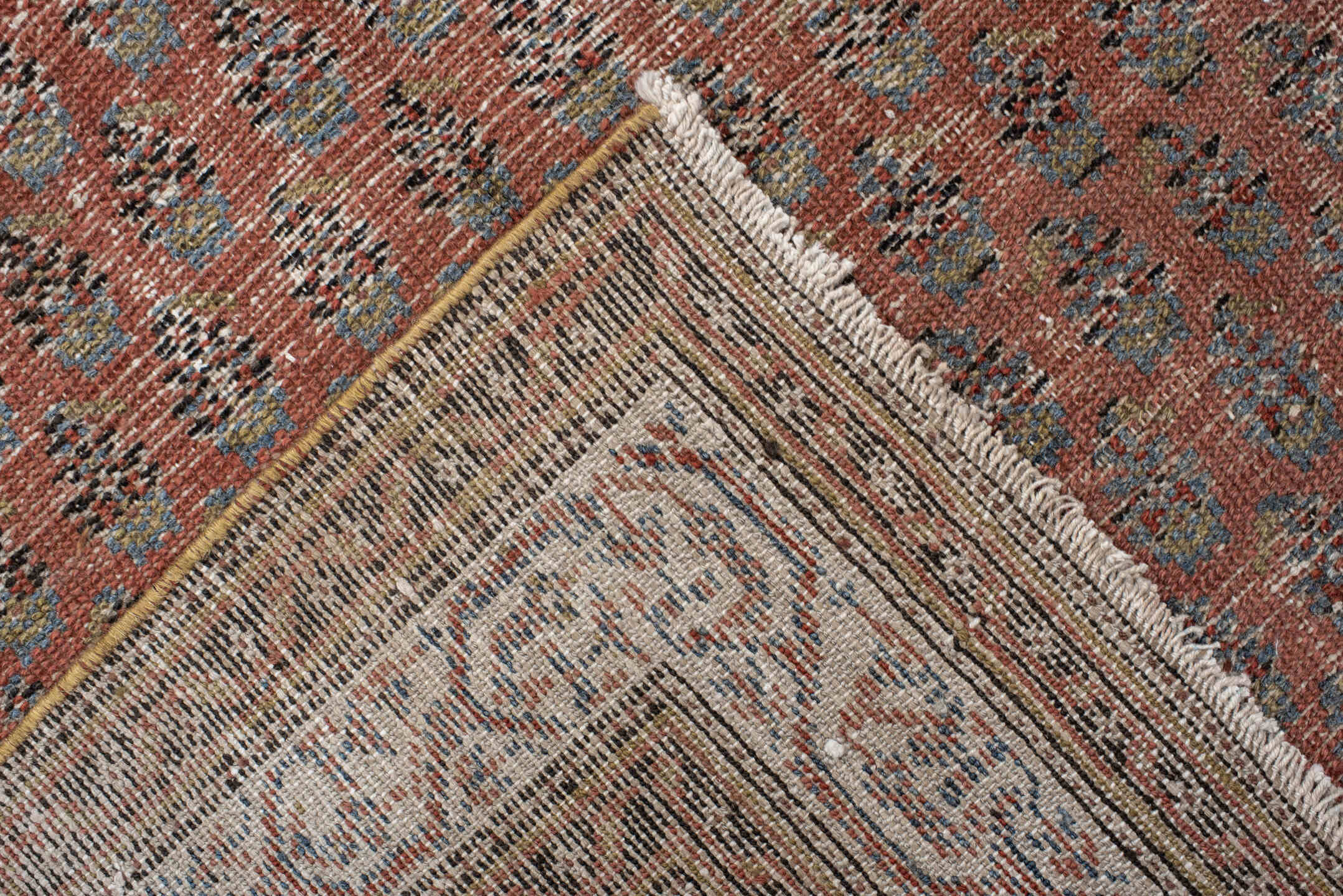5' x 12' one-of-a-kind handmade antique Malayer rug. Color palette: rust, ivory, slate, taupe, terra cotta, charcoal, brown