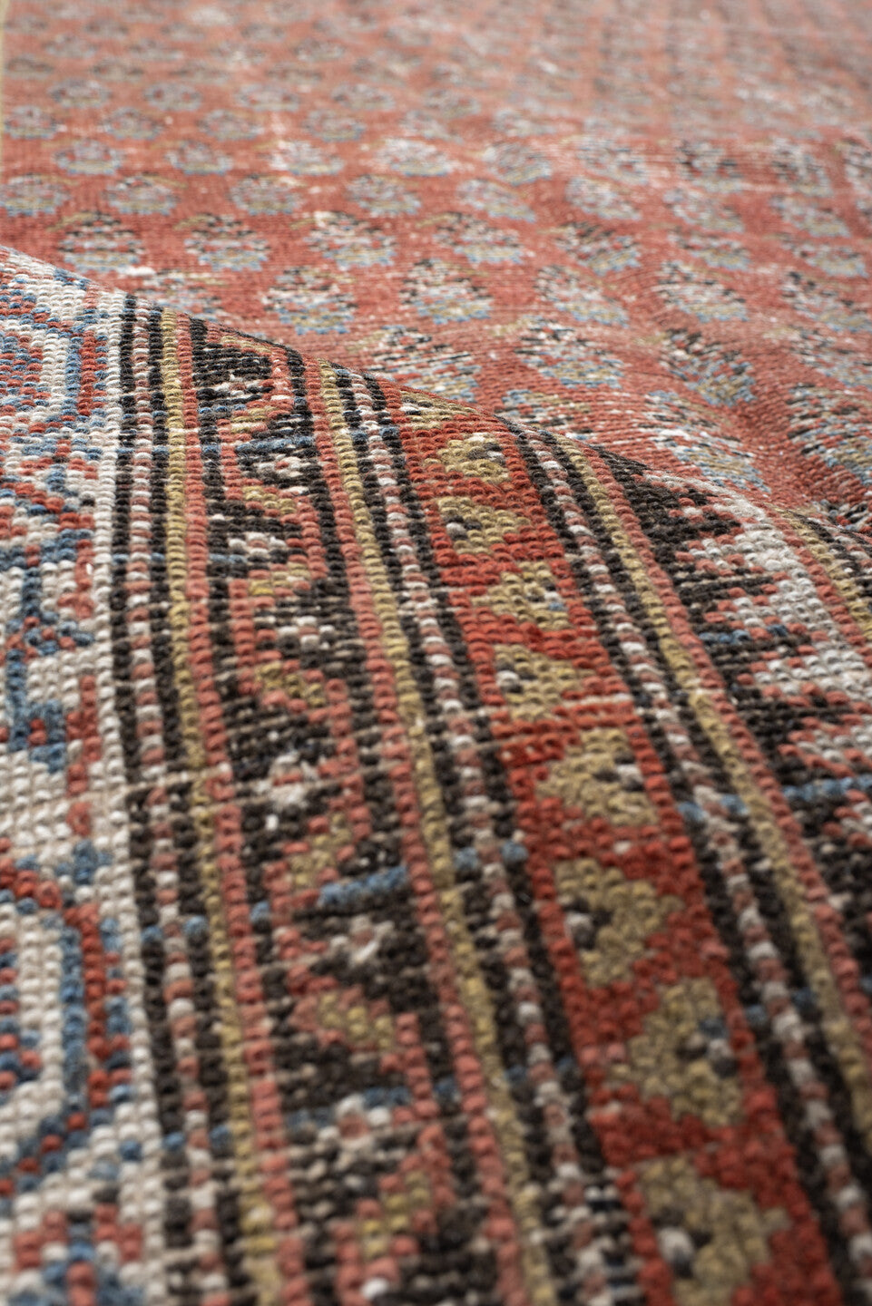 5' x 12' one-of-a-kind handmade antique Malayer rug. Color palette: rust, ivory, slate, taupe, terra cotta, charcoal, brown