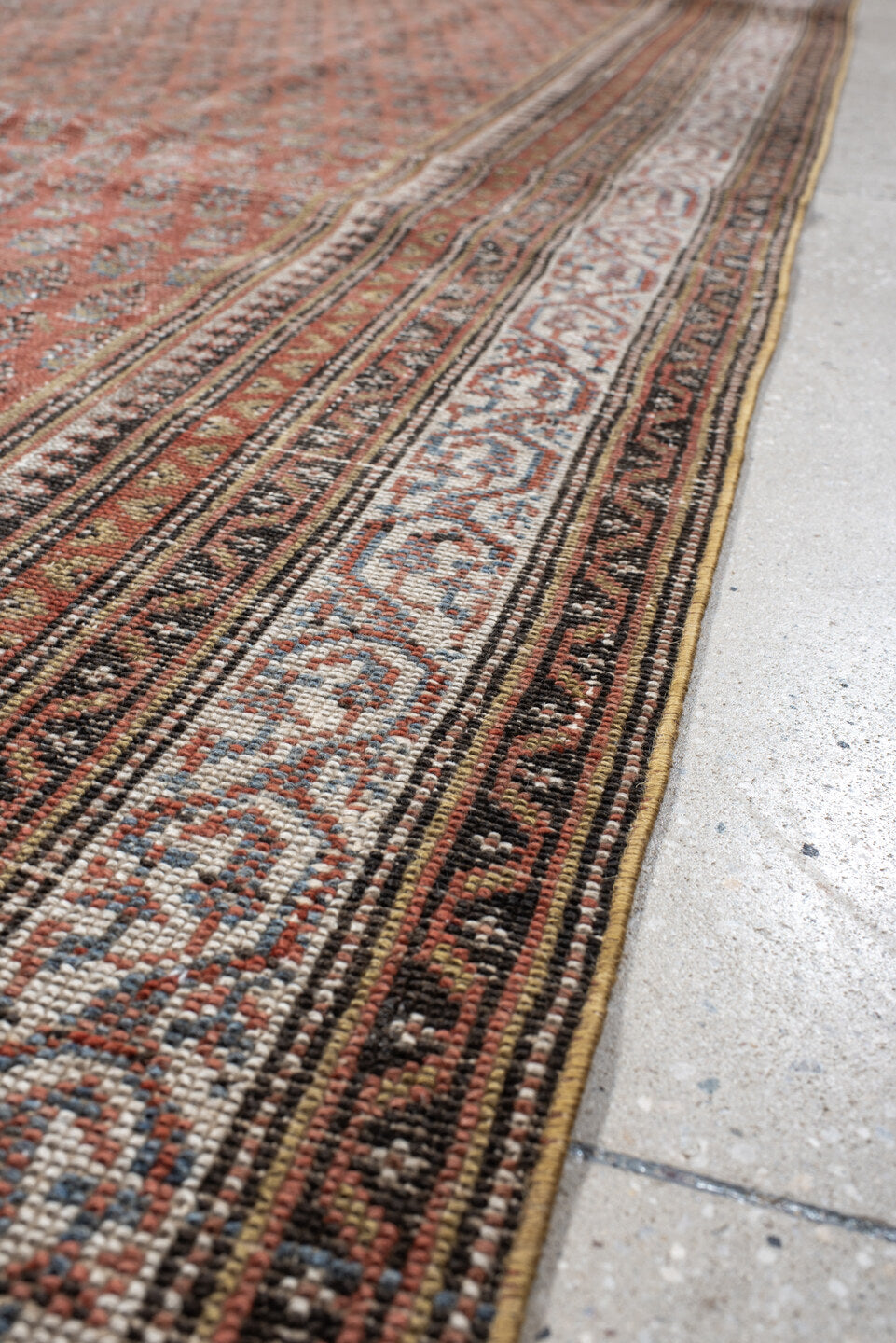5' x 12' one-of-a-kind handmade antique Malayer rug. Color palette: rust, ivory, slate, taupe, terra cotta, charcoal, brown