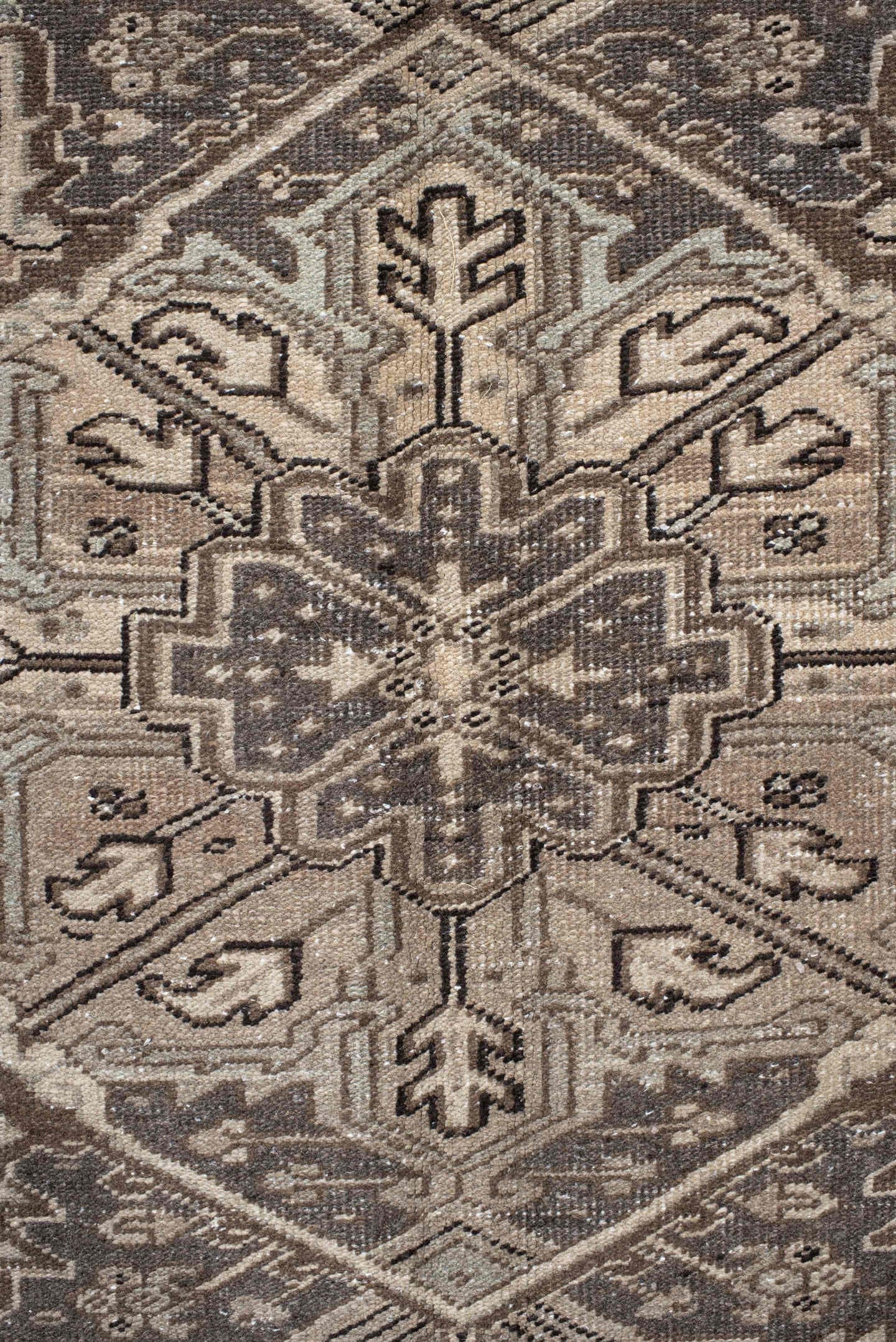8' x 12' one-of-a-kind handmade antique Heriz large size rug. Color palette: taupe, brown, ivory, camel, charcoal, sage
