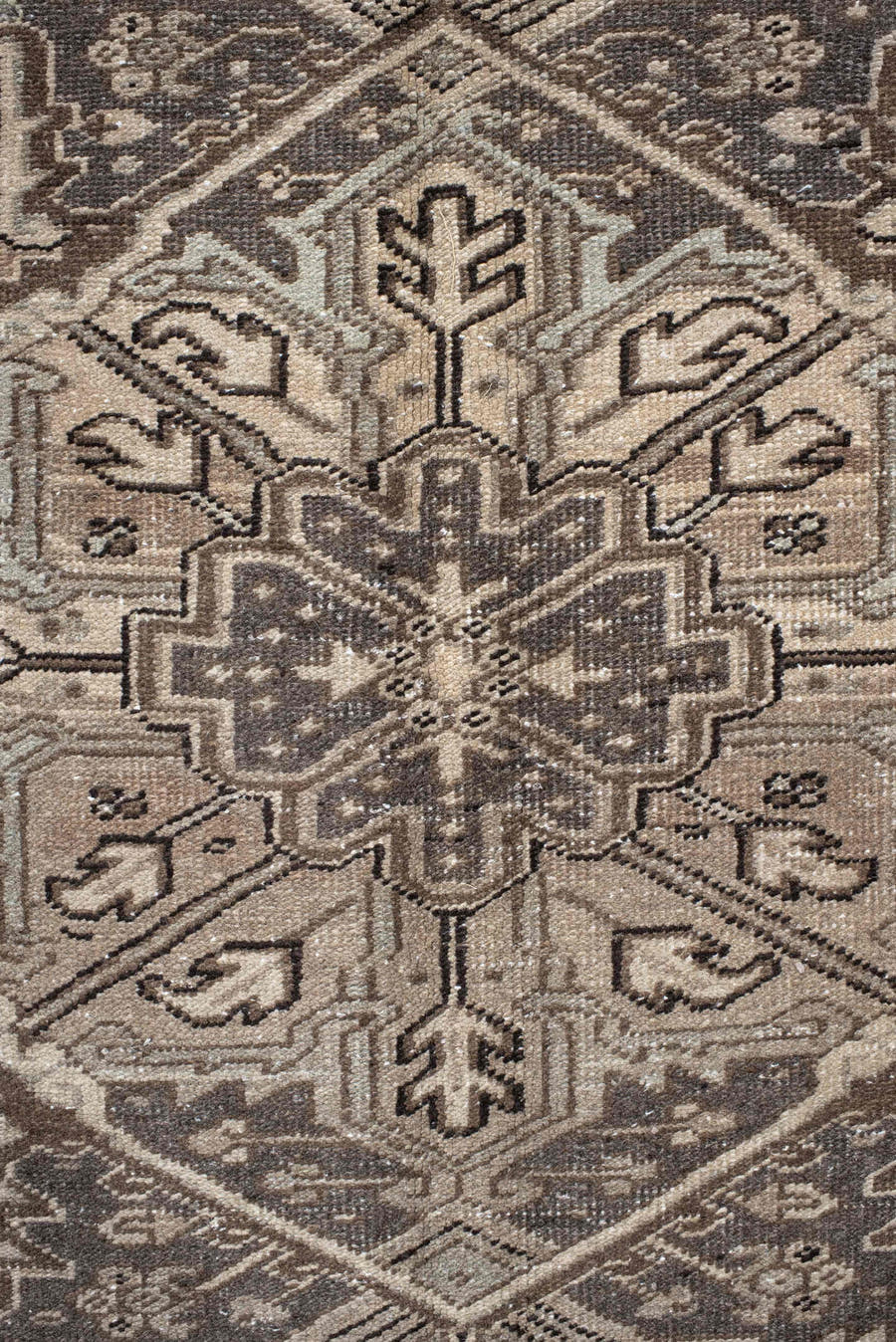 8' x 12' one-of-a-kind handmade antique Heriz large size rug. Color palette: taupe, brown, ivory, camel, charcoal, sage
