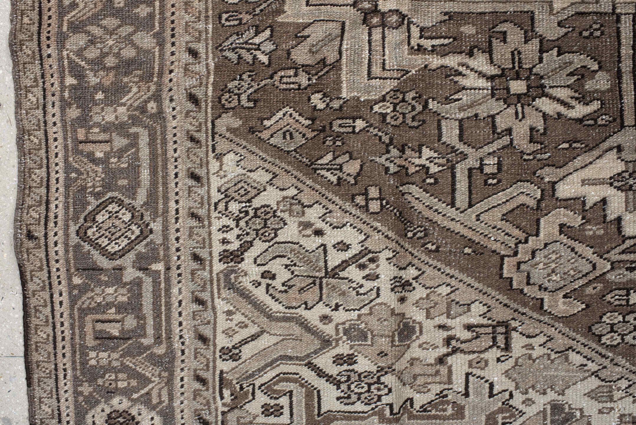 8' x 12' one-of-a-kind handmade antique Heriz large size rug. Color palette: taupe, brown, ivory, camel, charcoal, sage