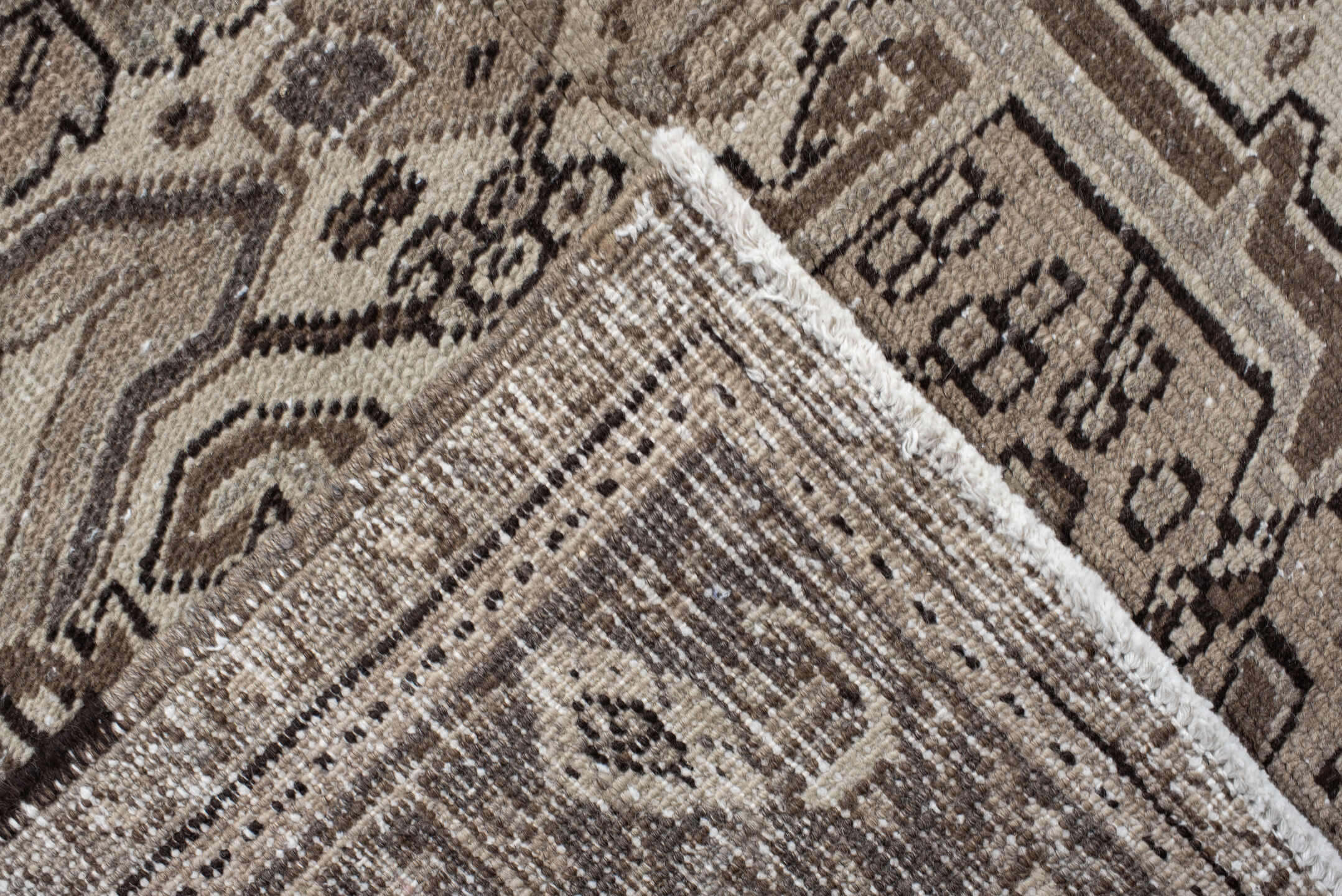 8' x 12' one-of-a-kind handmade antique Heriz large size rug. Color palette: taupe, brown, ivory, camel, charcoal, sage