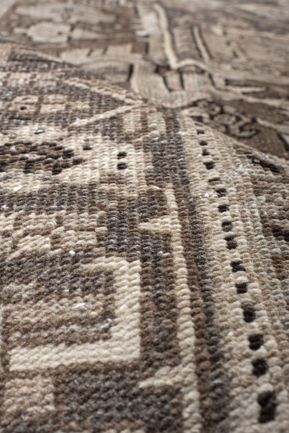 8' x 12' one-of-a-kind handmade antique Heriz large size rug. Color palette: taupe, brown, ivory, camel, charcoal, sage