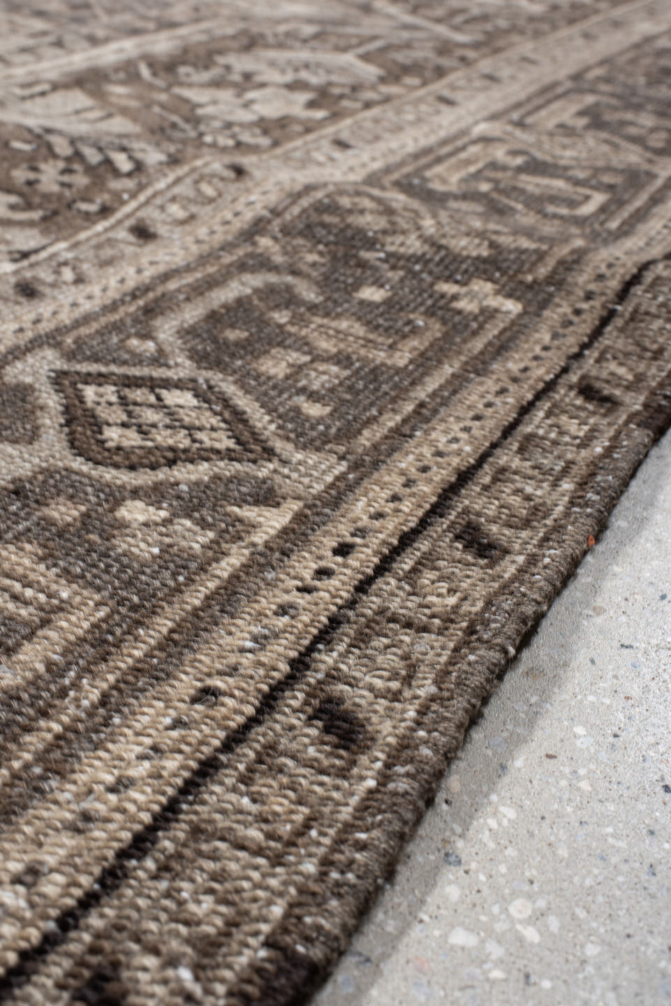 8' x 12' one-of-a-kind handmade antique Heriz large size rug. Color palette: taupe, brown, ivory, camel, charcoal, sage