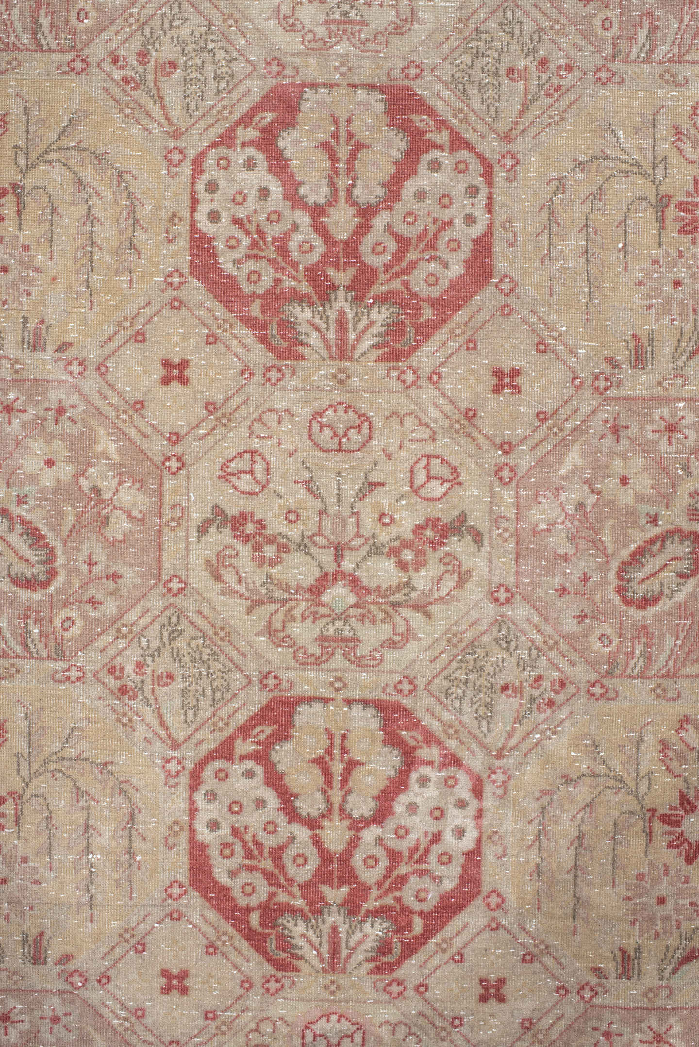 6' x 8' one-of-a-kind handmade antique Tabriz medium size rug. Color palette: ivory, rose, dusty red, blush, sage, beige