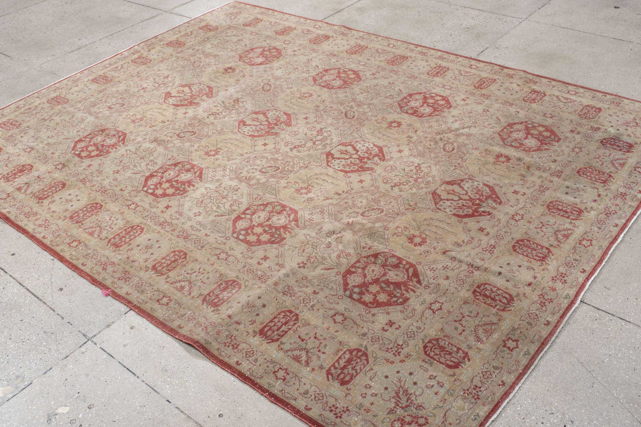 6' x 8' one-of-a-kind handmade antique Tabriz medium size rug. Color palette: ivory, rose, dusty red, blush, sage, beige