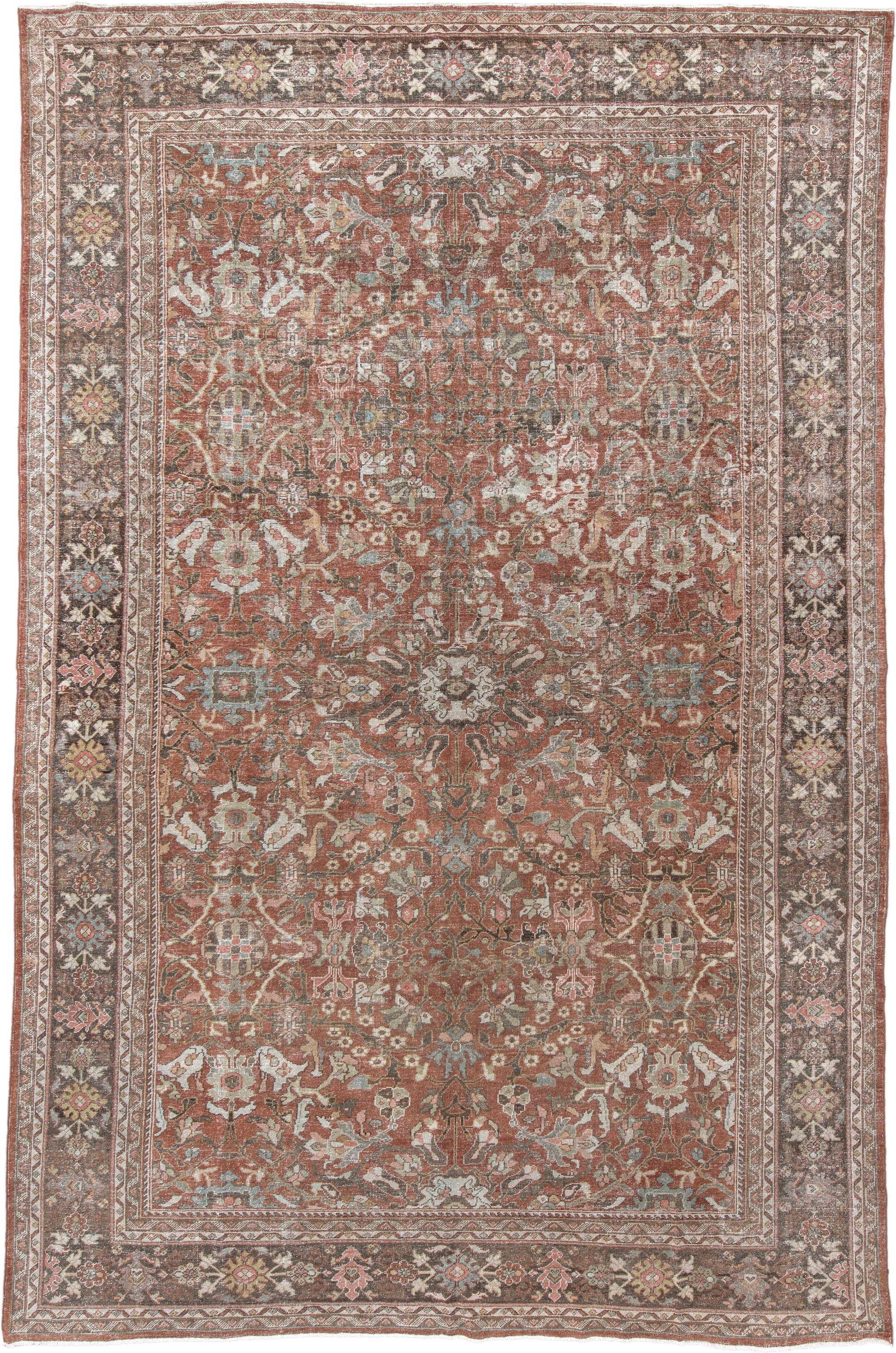 10' x 16' one-of-a-kind handmade antique Mahal rug. Color palette: terra cotta, taupe, brown, ivory, sage, slate, rose