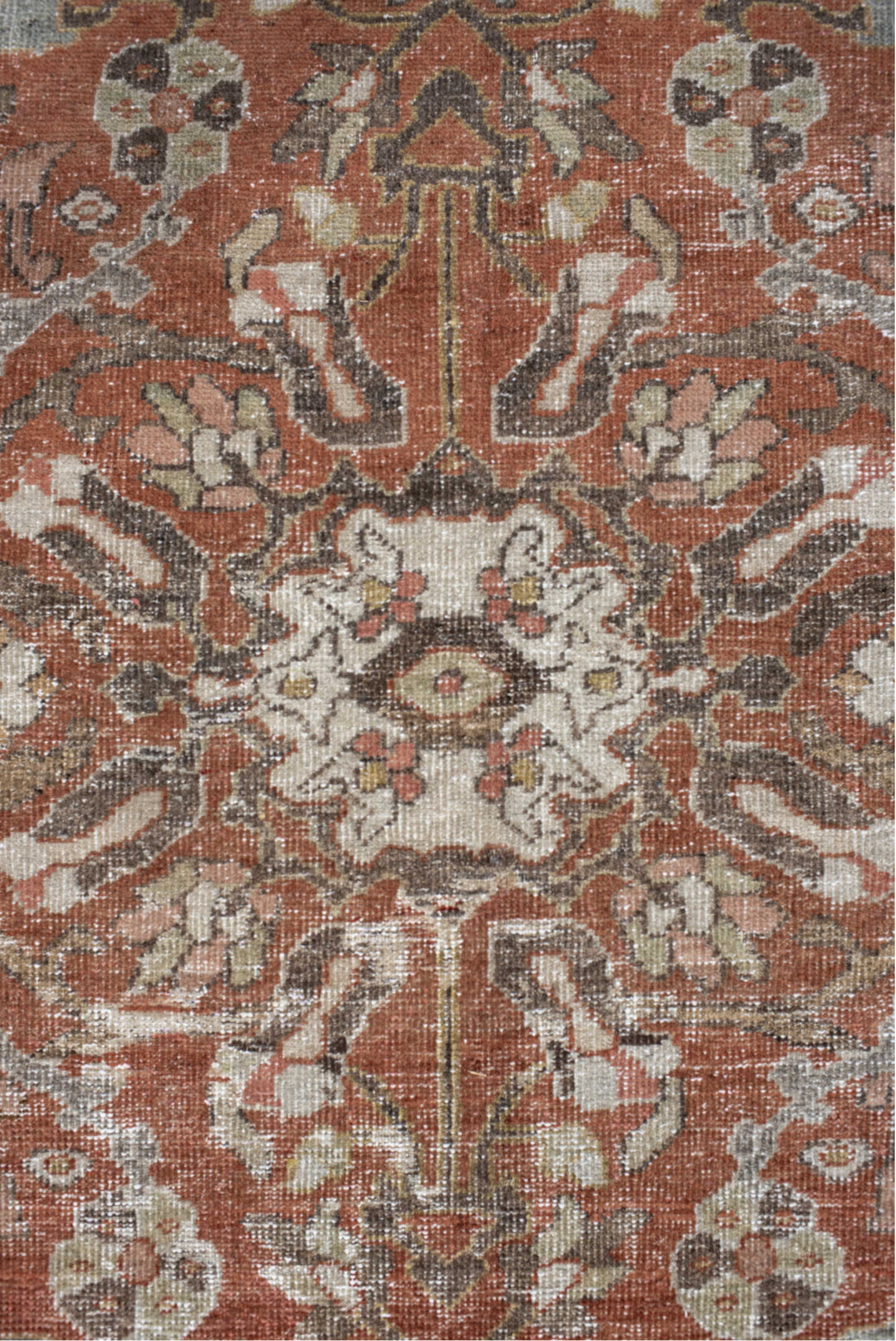 10' x 16' one-of-a-kind handmade antique Mahal rug. Color palette: terra cotta, taupe, brown, ivory, sage, slate, rose