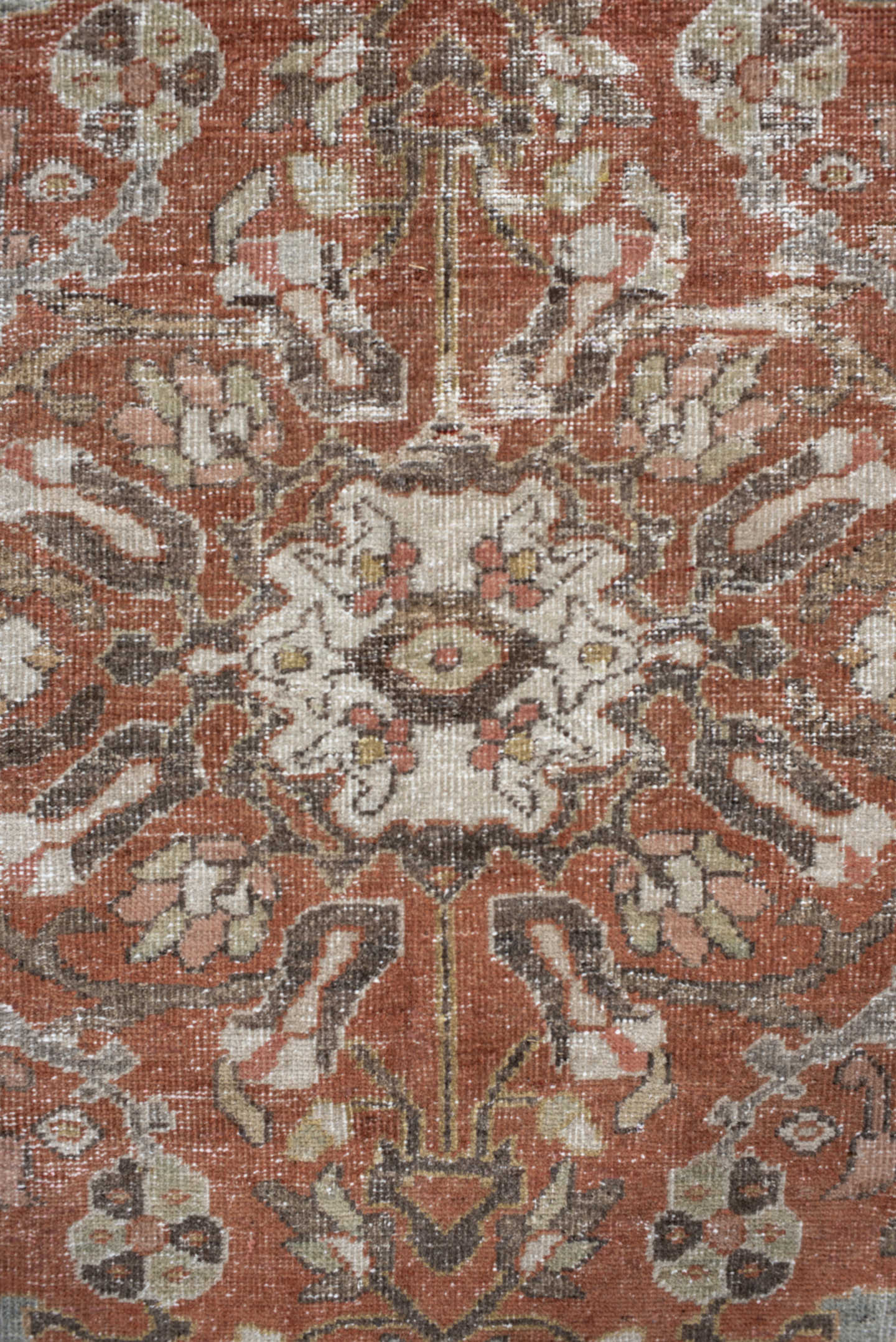 10' x 16' one-of-a-kind handmade antique Mahal rug. Color palette: terra cotta, taupe, brown, ivory, sage, slate, rose
