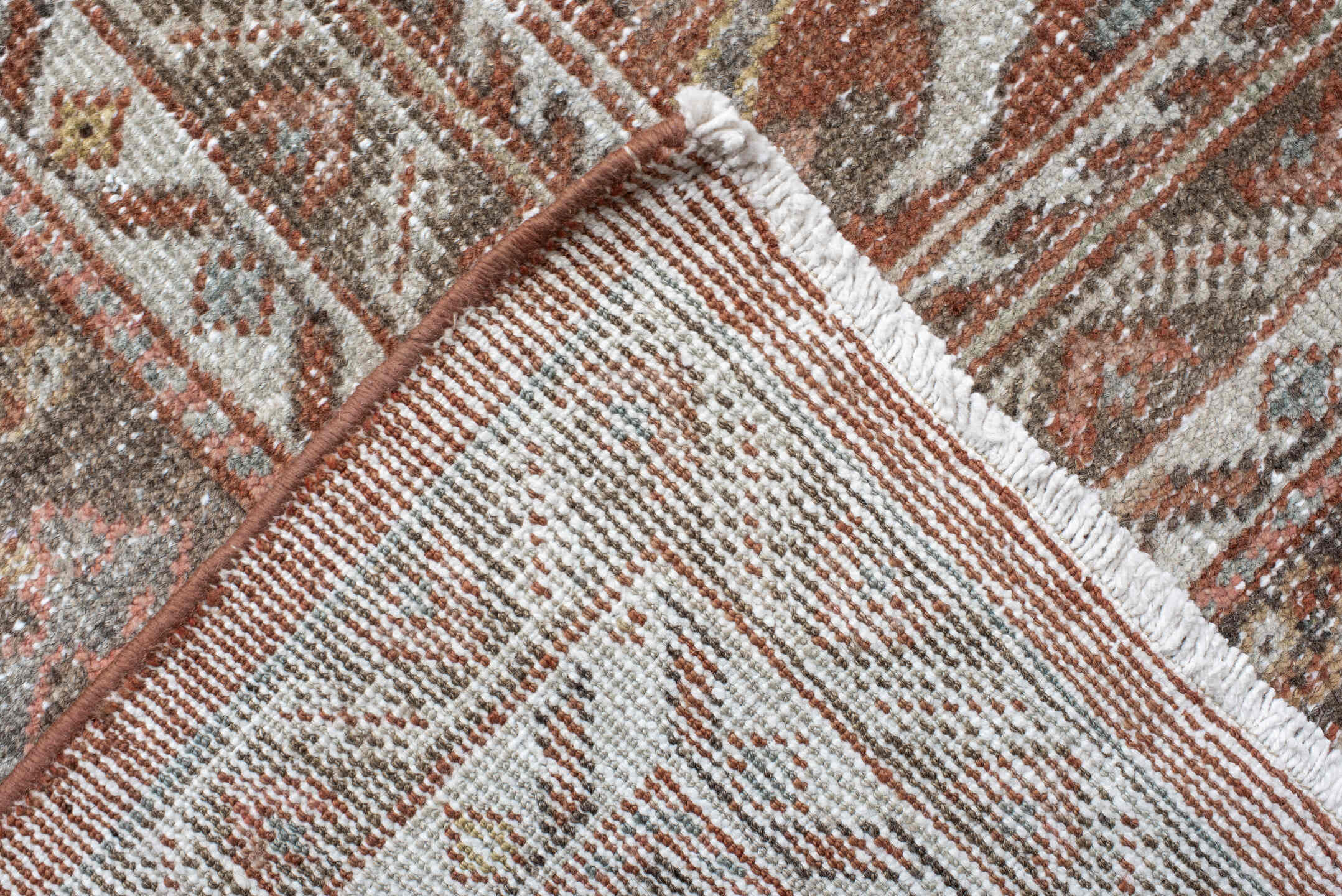 10' x 16' one-of-a-kind handmade antique Mahal rug. Color palette: terra cotta, taupe, brown, ivory, sage, slate, rose