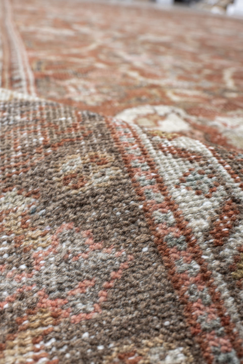 10' x 16' one-of-a-kind handmade antique Mahal rug. Color palette: terra cotta, taupe, brown, ivory, sage, slate, rose