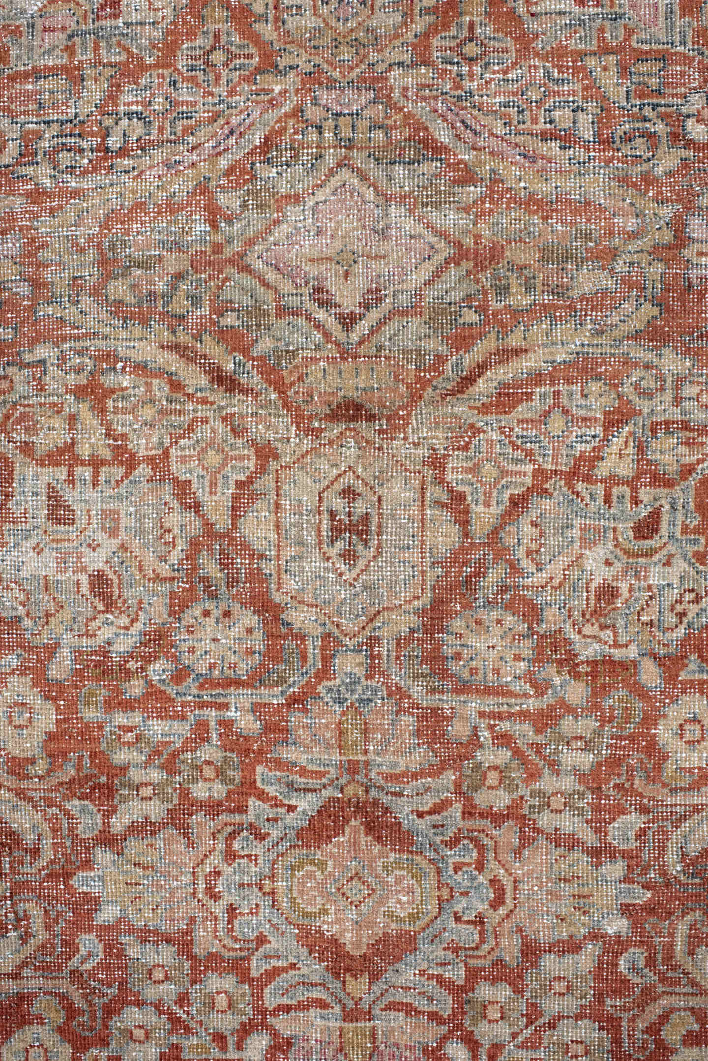 10' x 13' one-of-a-kind handmade antique Mahal large size rug. Color palette: terra cotta, ivory, powder blue, rose, taupe