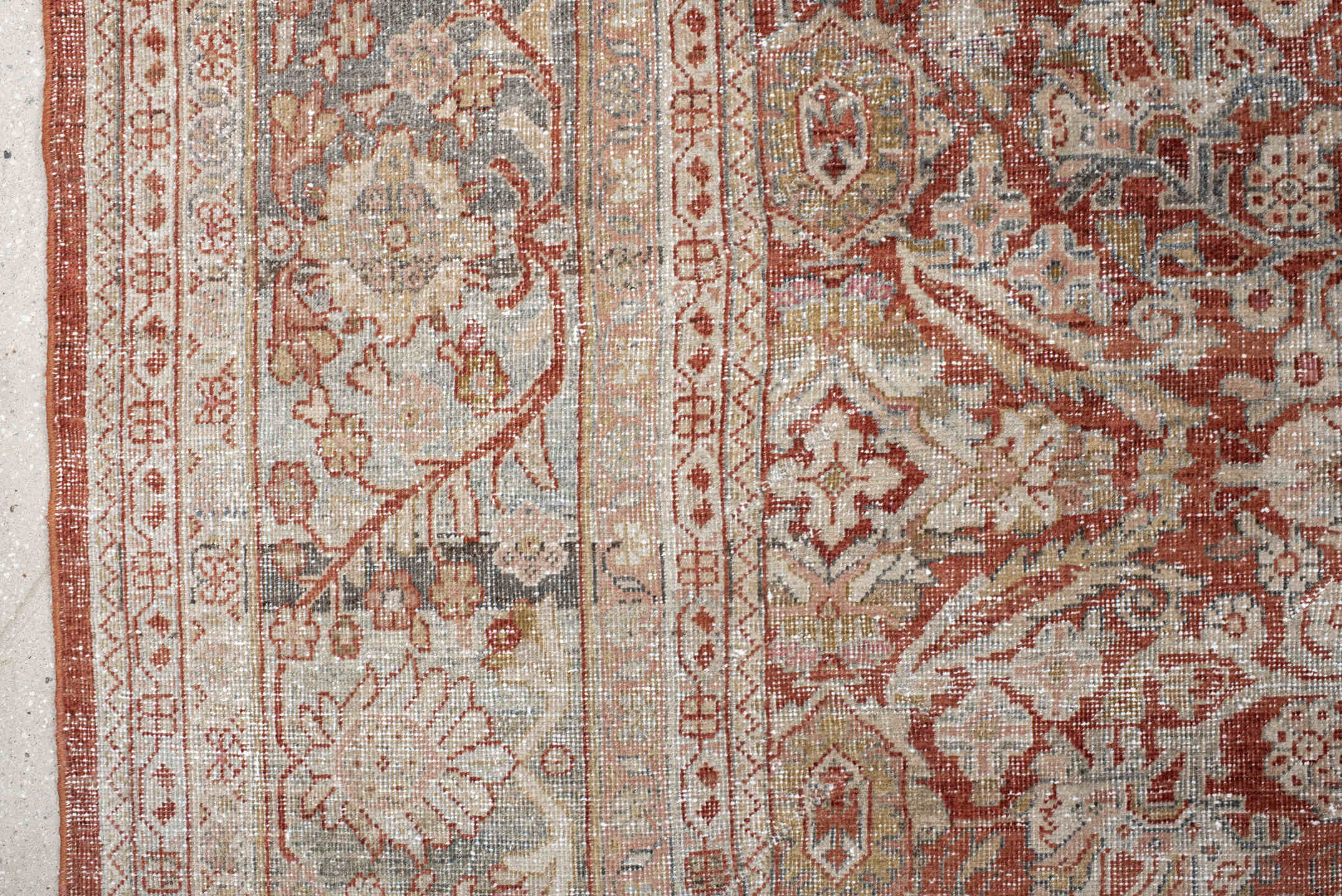 10' x 13' one-of-a-kind handmade antique Mahal large size rug. Color palette: terra cotta, ivory, powder blue, rose, taupe