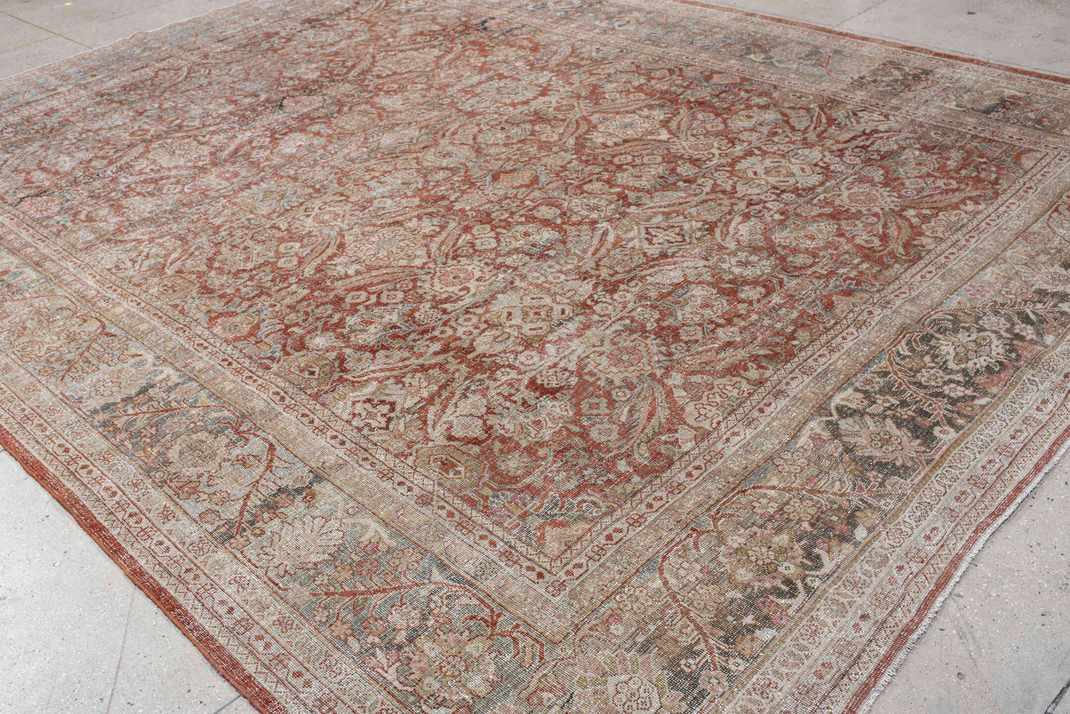 10' x 13' one-of-a-kind handmade antique Mahal large size rug. Color palette: terra cotta, ivory, powder blue, rose, taupe