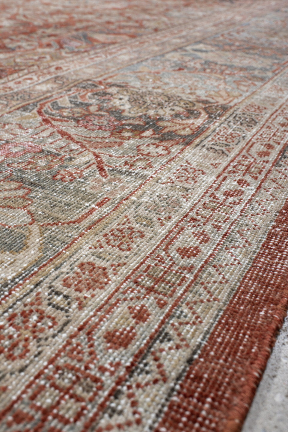 10' x 13' one-of-a-kind handmade antique Mahal large size rug. Color palette: terra cotta, ivory, powder blue, rose, taupe