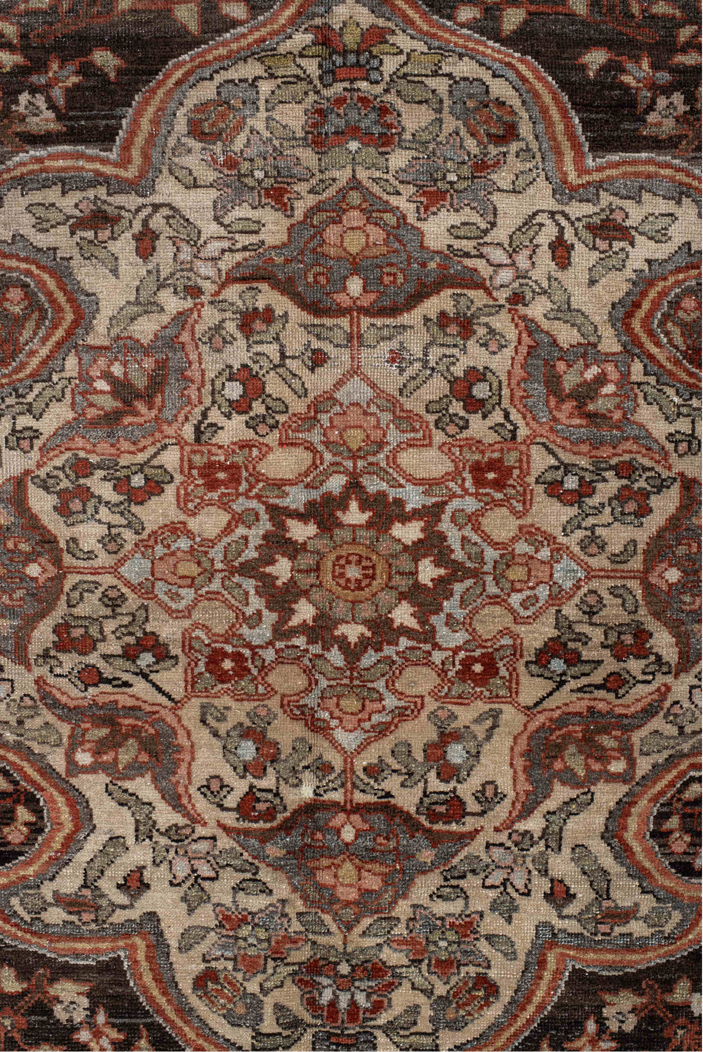 10' x 13' one-of-a-kind handmade vintage Baktiary large size rug. Color palette: brown, gray, light gray, off-white, pink