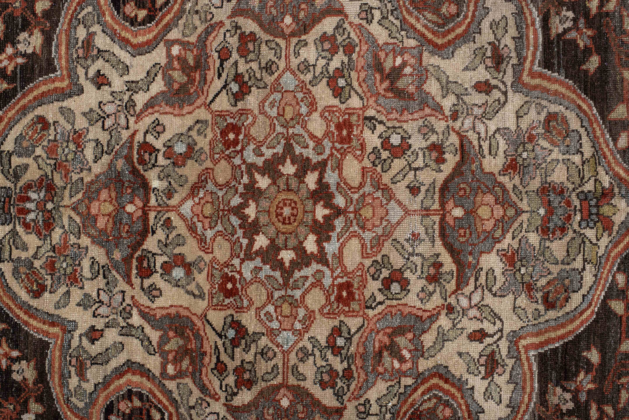 10' x 13' one-of-a-kind handmade vintage Baktiary large size rug. Color palette: brown, light gray, off-white, gray, pink