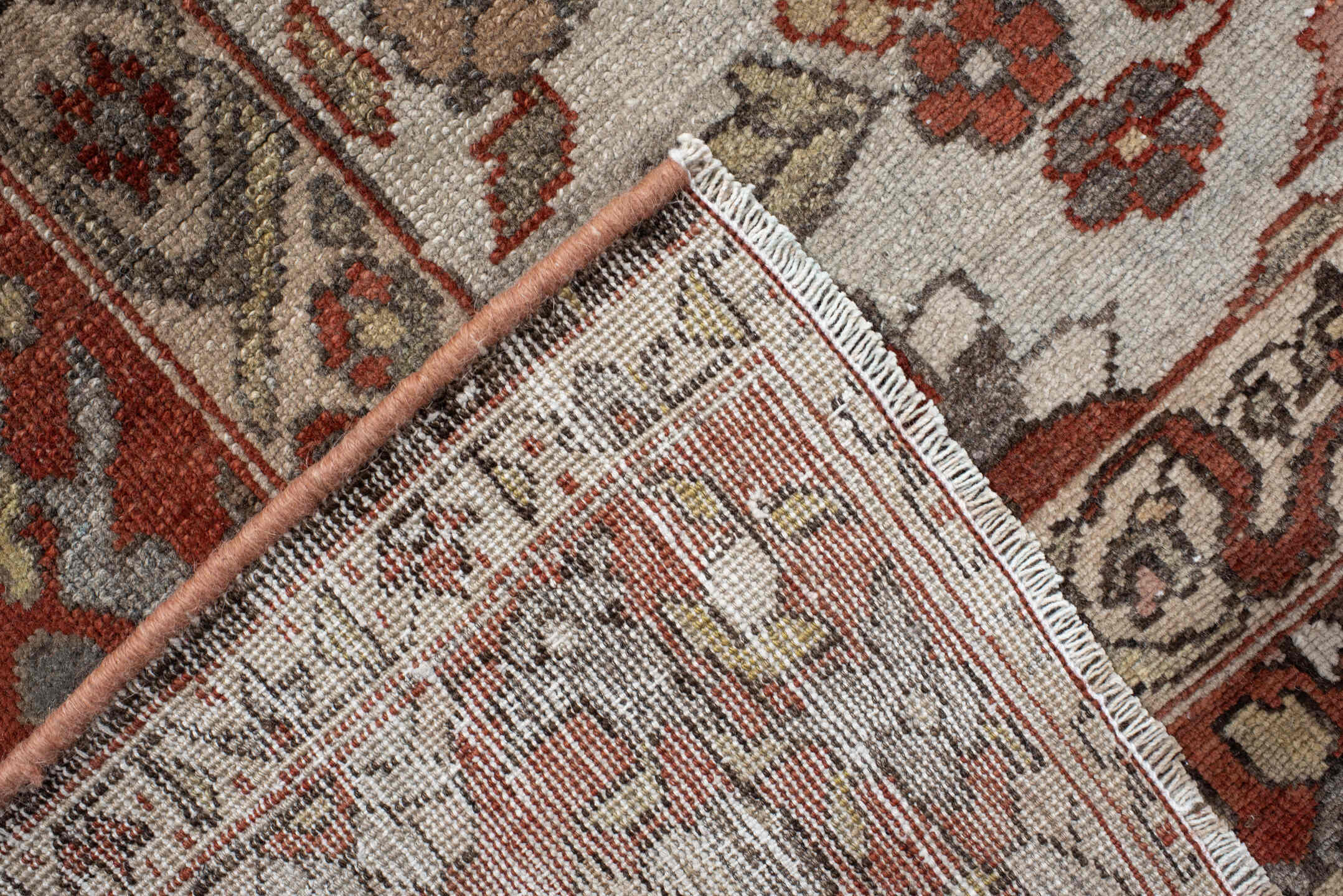 10' x 13' one-of-a-kind handmade vintage Baktiary large size rug. Color palette: brown, light gray, off-white, gray, pink