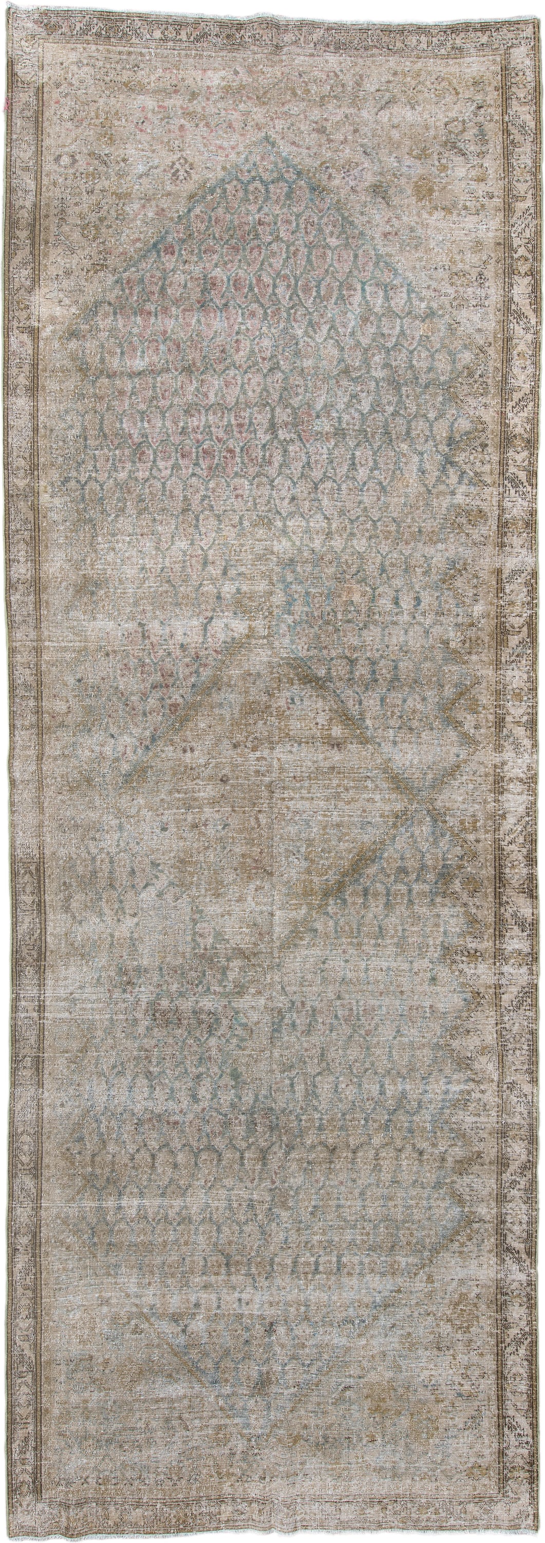 5' x 15' one-of-a-kind handmade antique Saraband rug. Color palette: ivory, taupe, sage, pale blue, beige, camel, rose
