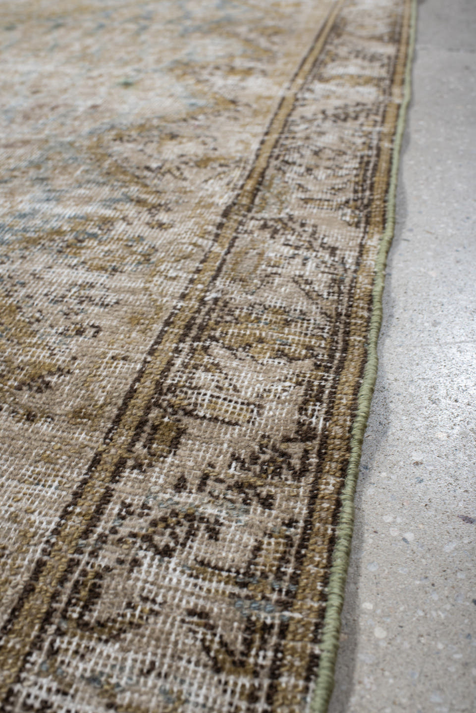 5' x 15' one-of-a-kind handmade antique Saraband rug. Color palette: ivory, taupe, sage, pale blue, beige, camel, rose