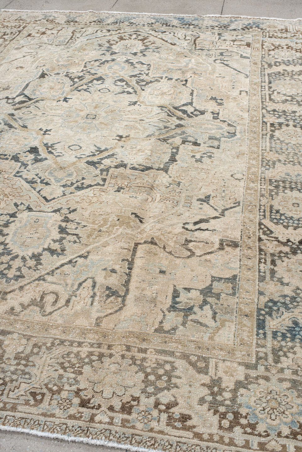 8' x 10' one-of-a-kind handmade antique Heriz large size rug. Color palette: ivory, taupe, slate, charcoal, beige, pale blue