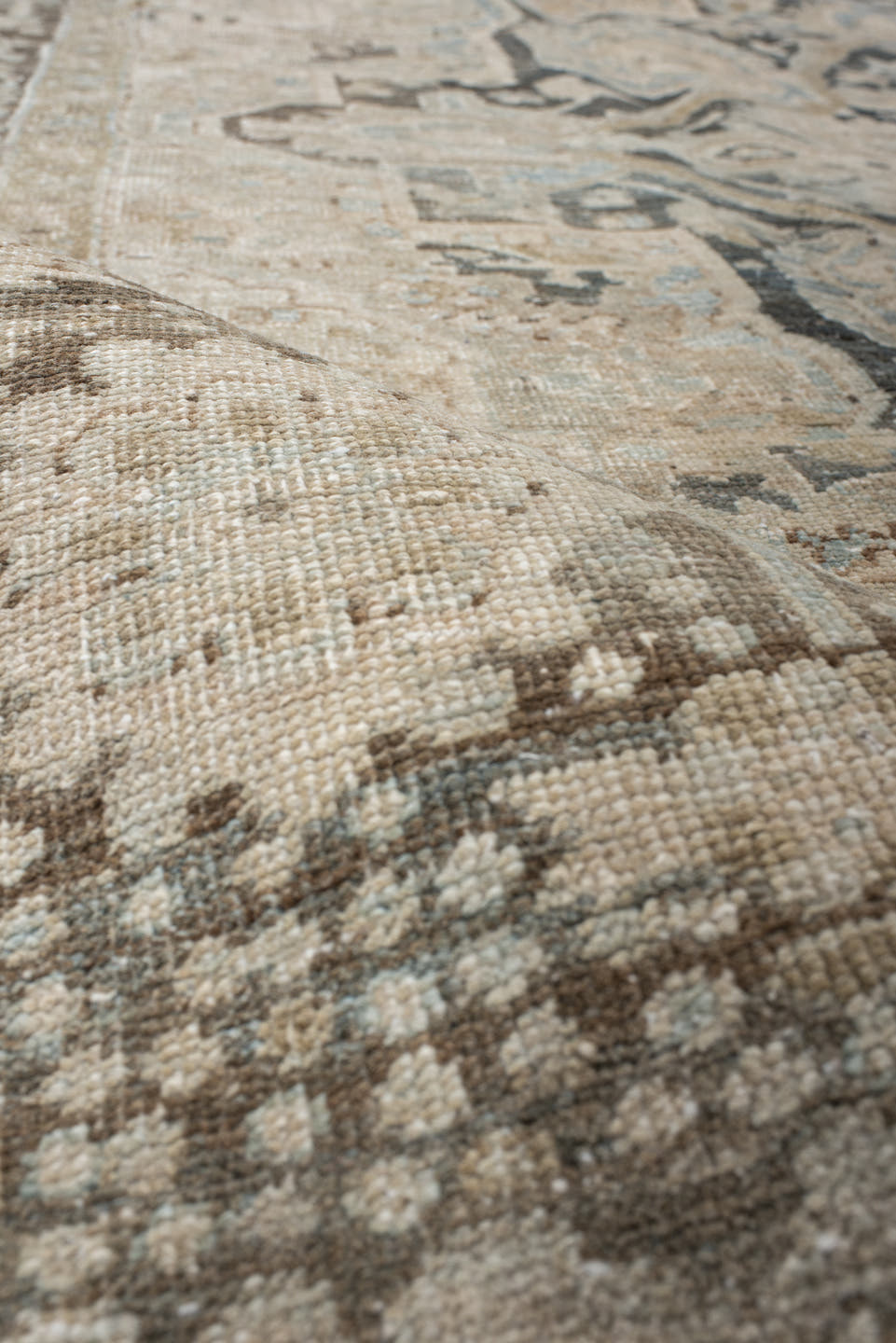 8' x 10' one-of-a-kind handmade antique Heriz large size rug. Color palette: ivory, taupe, slate, charcoal, beige, pale blue