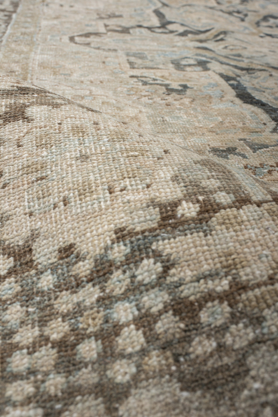 8' x 10' one-of-a-kind handmade antique Heriz large size rug. Color palette: ivory, taupe, slate, charcoal, beige, pale blue