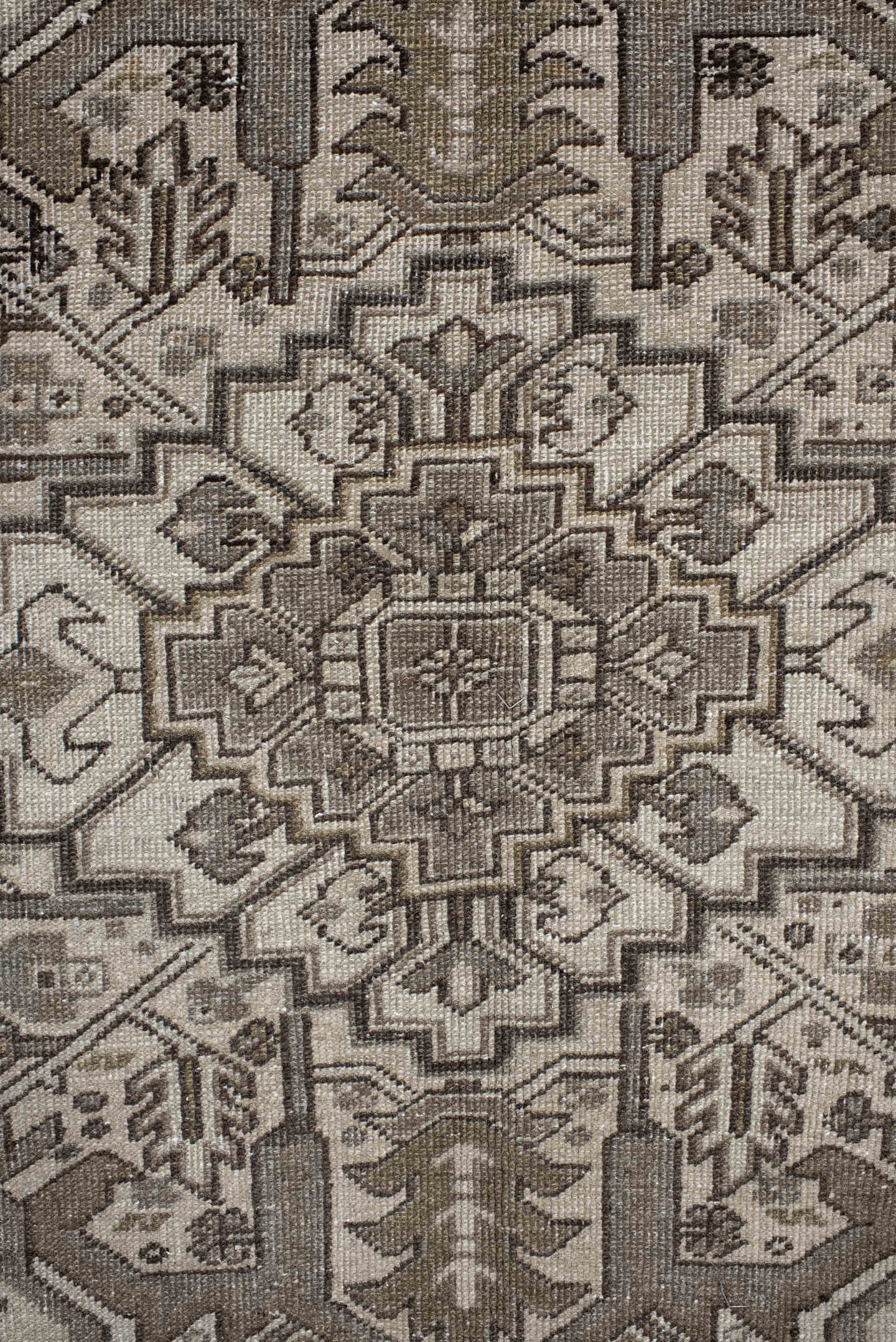 9' x 12' one-of-a-kind handmade antique Heriz large size rug. Color palette: taupe, ivory, brown, camel, charcoal, beige